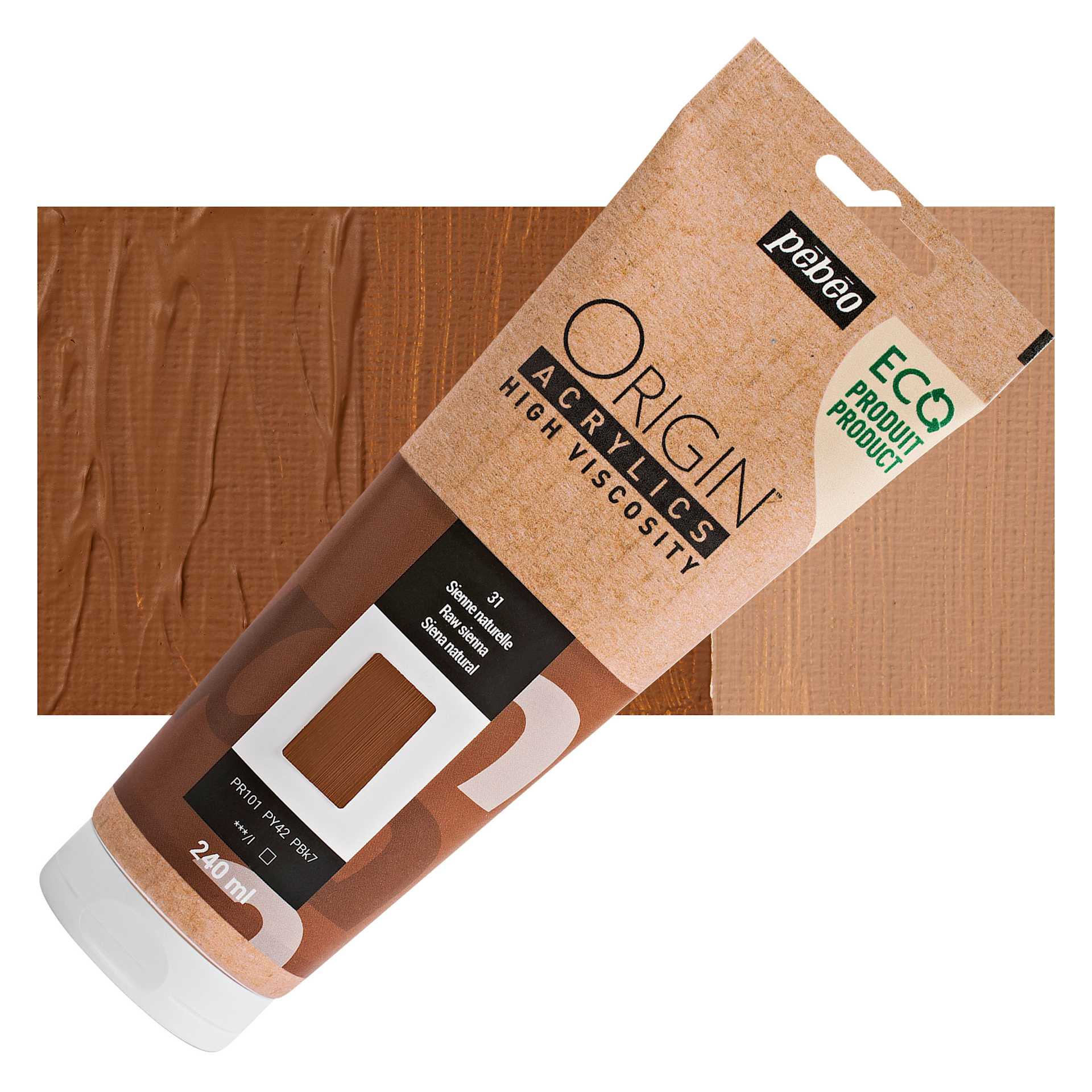 Pebeo Origin Acrylic Paint - Raw Sienna, 240 ml tube and swatch
