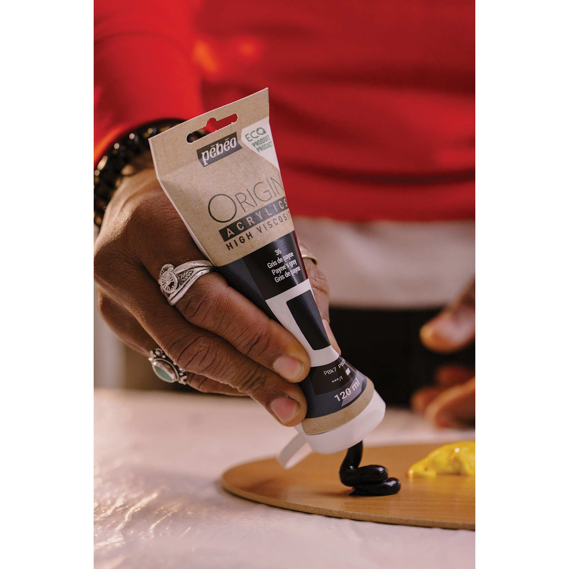 Pebeo Origin Acrylic Paint being squeezed onto palette. Pebeo Origin Acrylic Paint being squeezed onto palette.