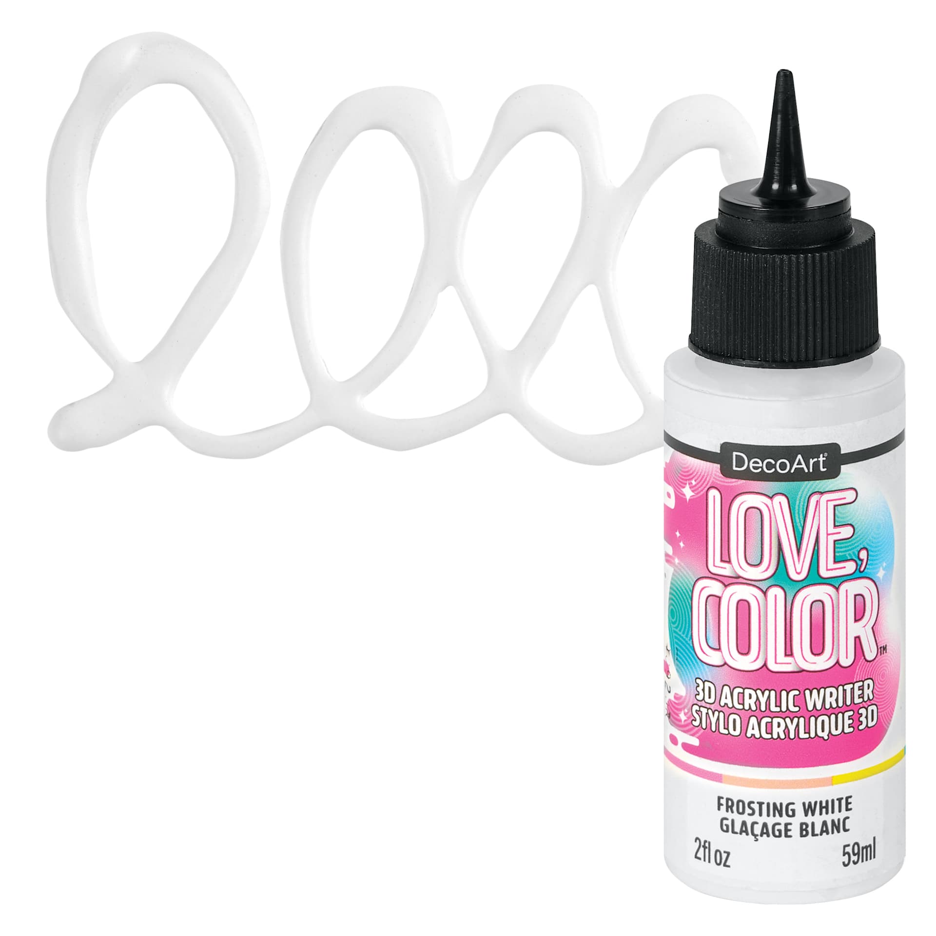 DecoArt Love, Color 3D Acrylic Writer - Frosting White, 2 oz bottle and swatch