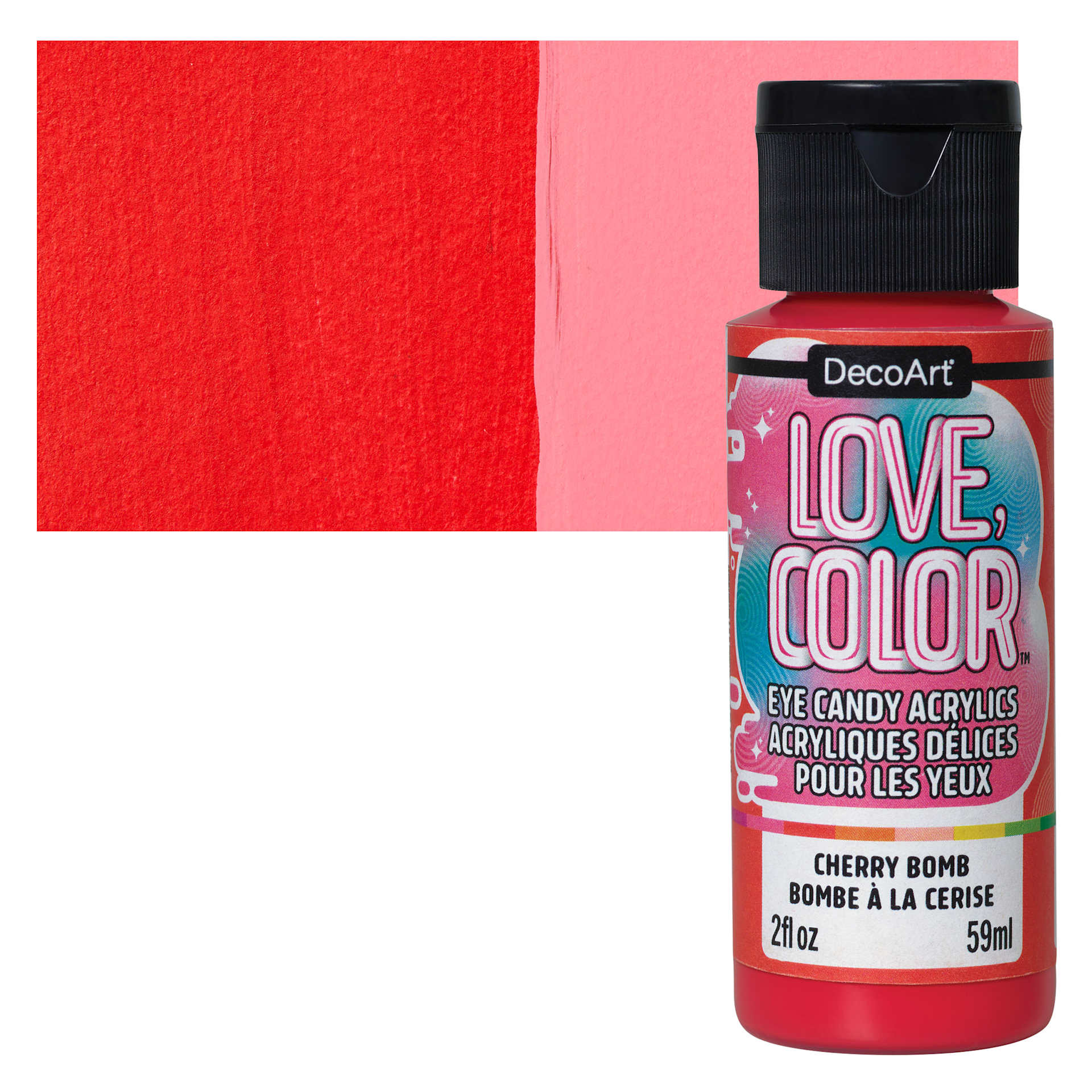 DecoArt Love, Color Acrylic Paint - Cherry Bomb, 59 ml bottle and swatch