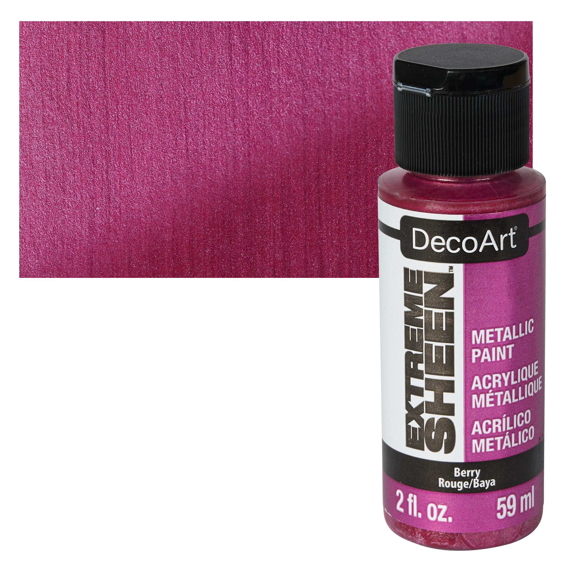 DecoArt Extreme Sheen Metallic Acrylic Paint - Berry, 2 oz bottle and swatch
