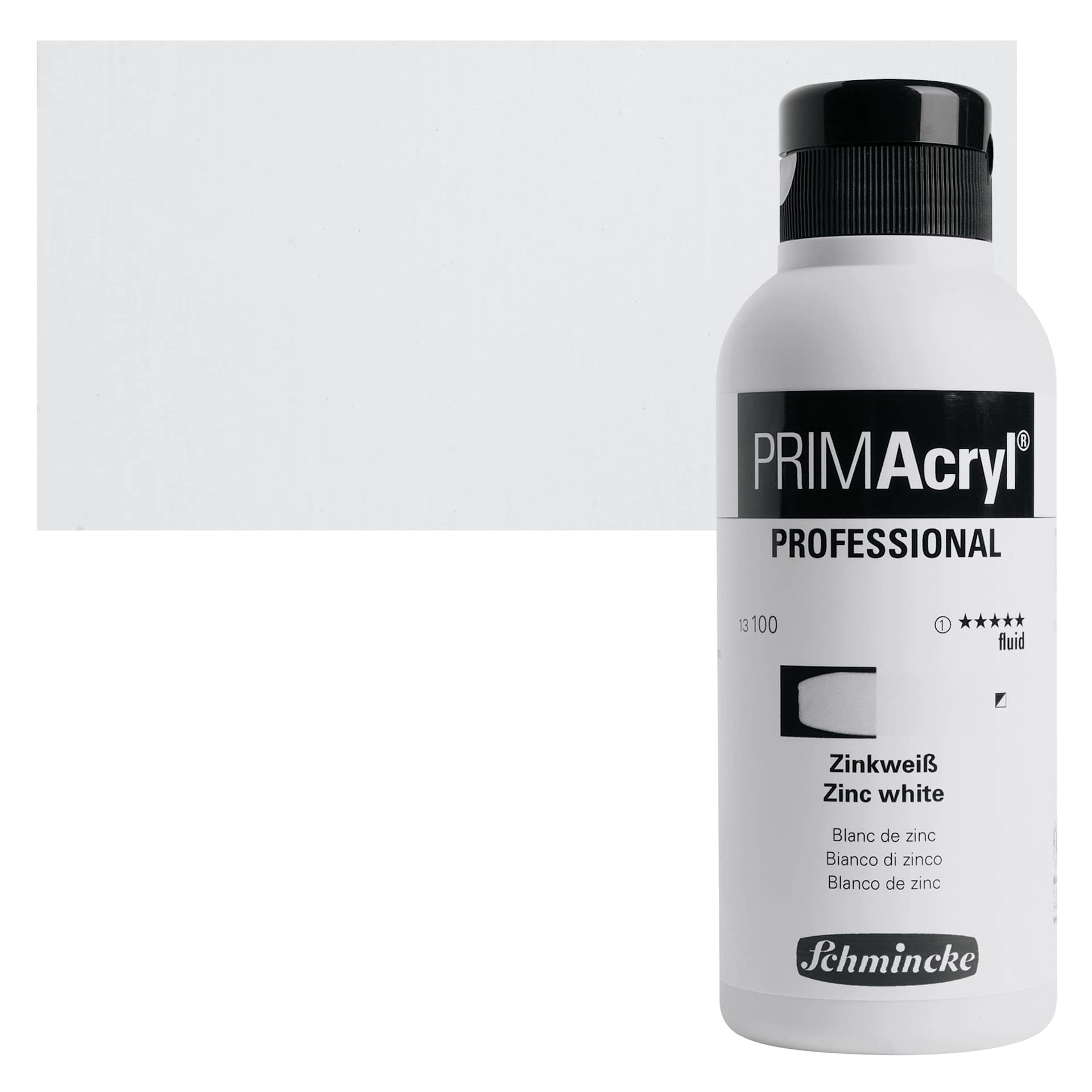 Schmincke Primacryl Professional Fluid Acrylic - Zinc White, 250 ml bottle and swatch