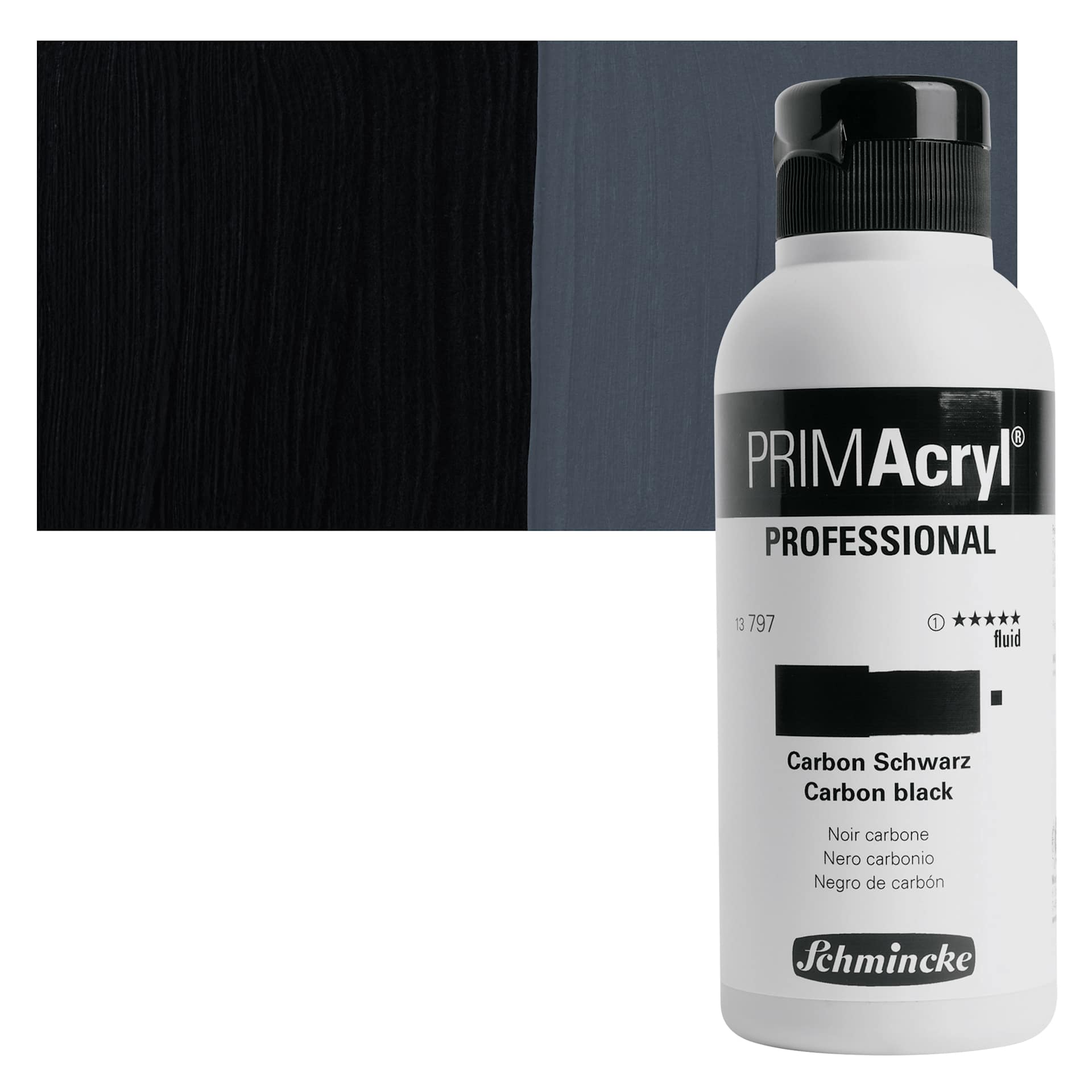 Schmincke Primacryl Professional Fluid Acrylic - Carbon Black, 250 ml bottle and swatch