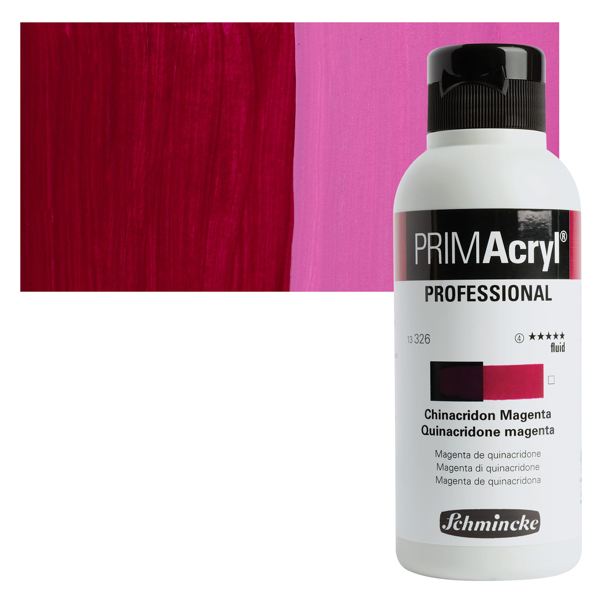 Schmincke Primacryl Professional Fluid Acrylic - Quinacridone Magenta, 250 ml bottle and swatch