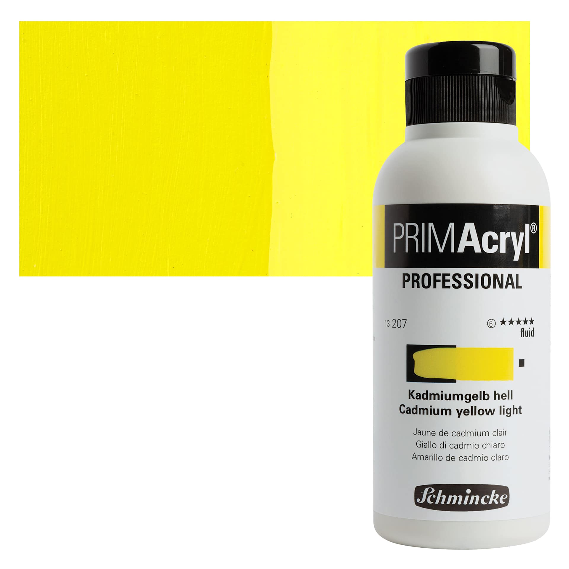 Schmincke Primacryl Professional Fluid Acrylic - Cadmium Yellow Light, 250 ml bottle and swatch