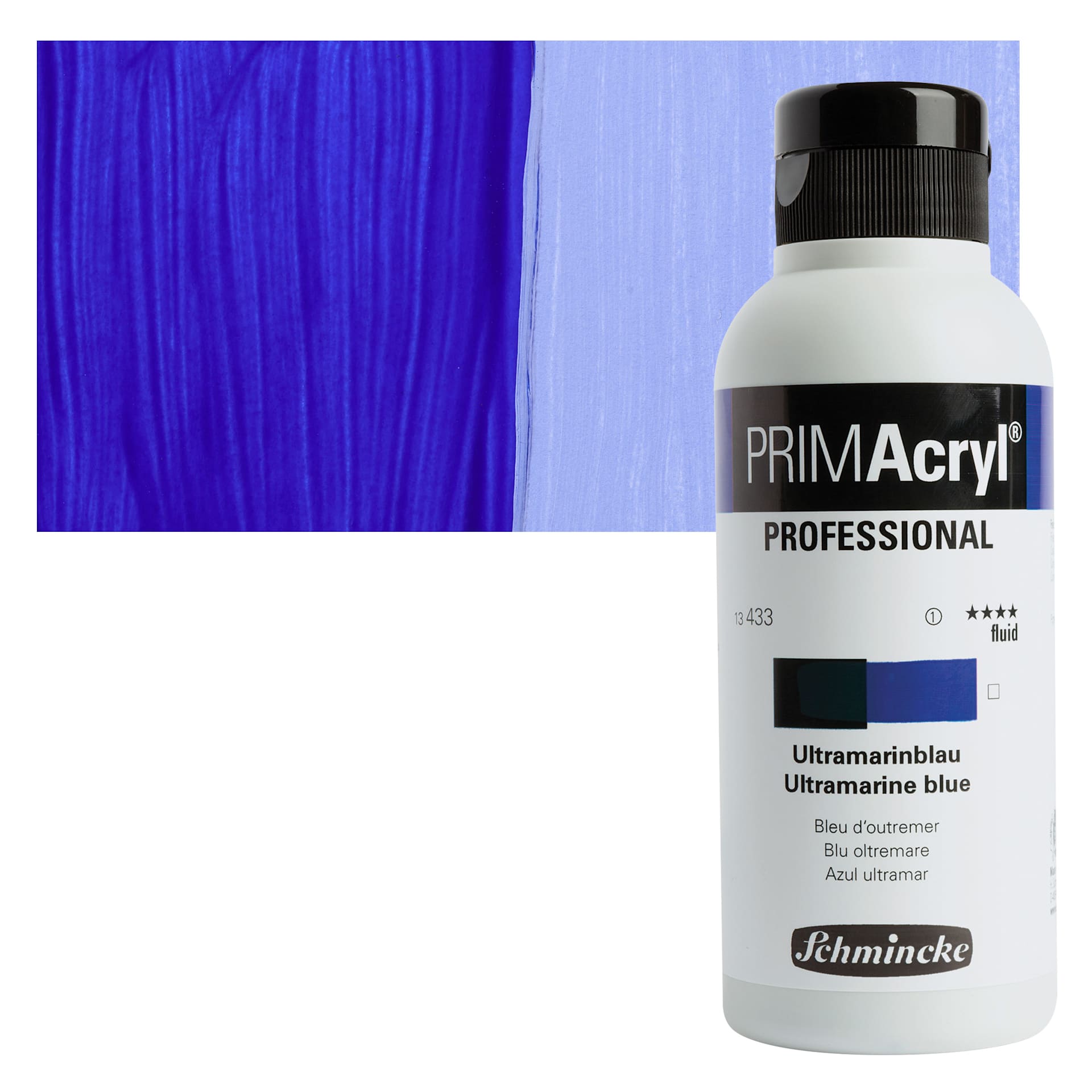 Schmincke Primacryl Professional Fluid Acrylic - Ultramarine Blue, 250 ml bottle and swatch