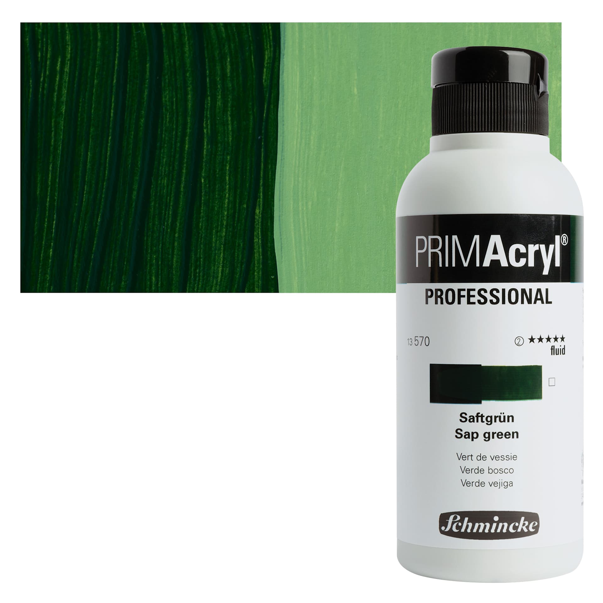 Schmincke Primacryl Professional Fluid Acrylic - Sap Green, 250 ml bottle and swatch
