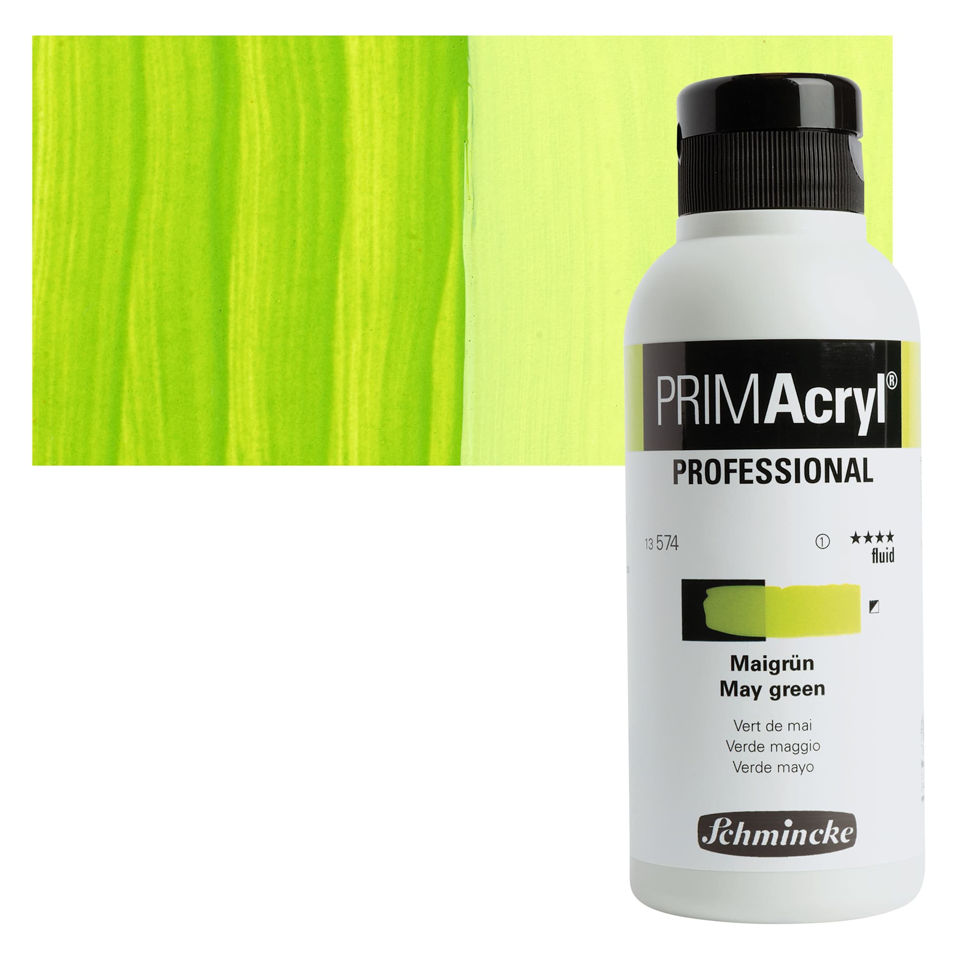 Schmincke Primacryl Professional Fluid Acrylic - May Green, 250 ml bottle and swatch