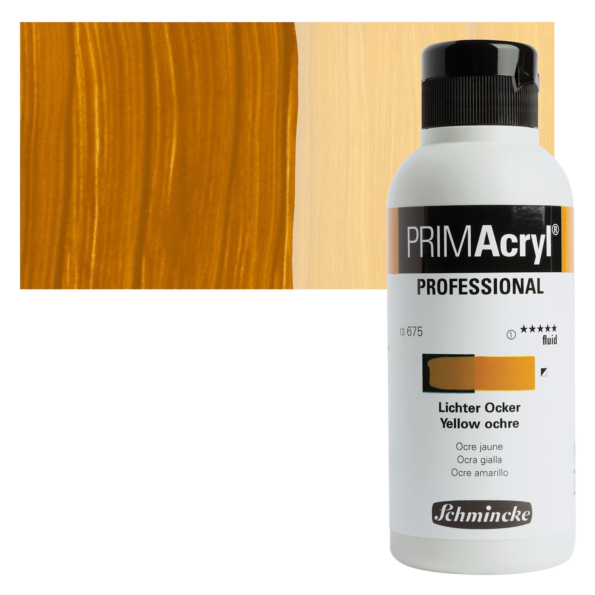 Schmincke Primacryl Professional Fluid Acrylic - Yellow Ochre, 250 ml bottle and swatch