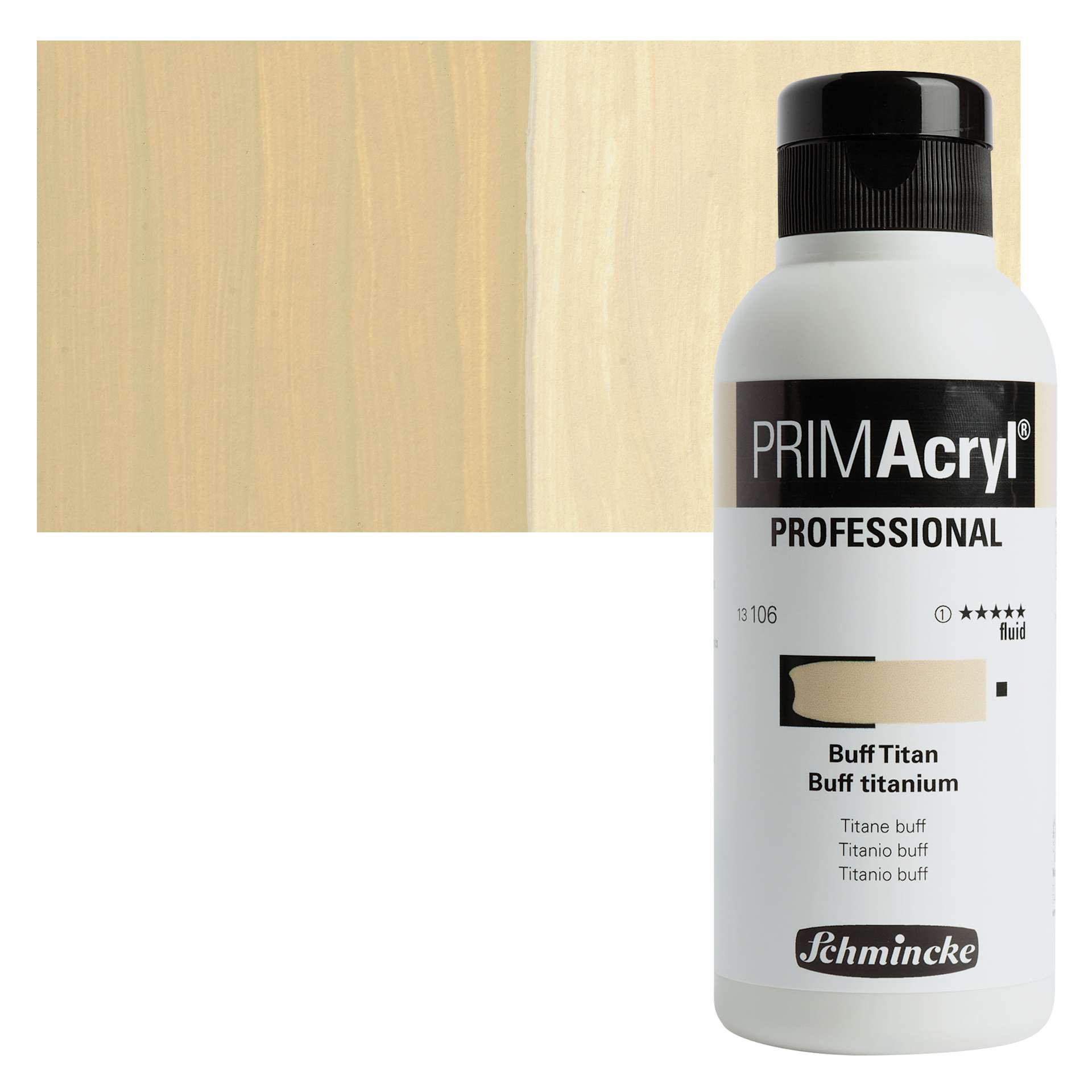 Schmincke Primacryl Professional Fluid Acrylic - Buff Titanium, 250 ml bottle and swatch