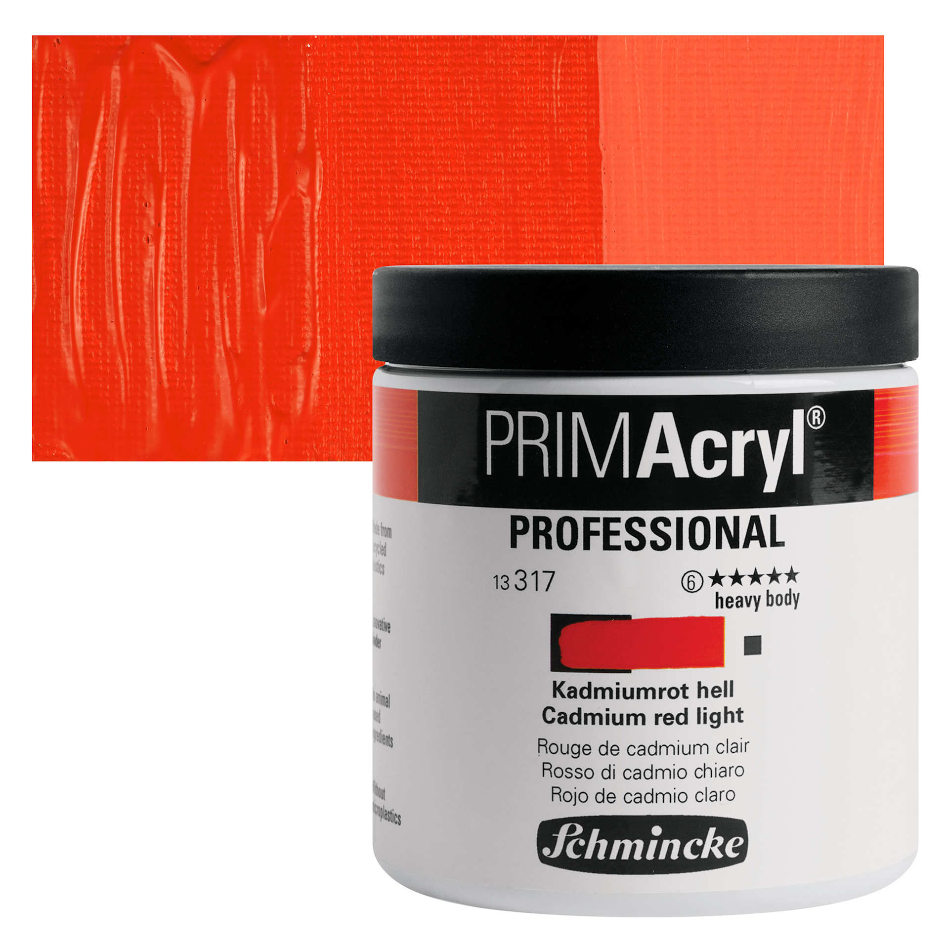 Schmincke Primacryl Professional Acrylic Paint - Cadmium Red Light, 237 ml Jar and swatch