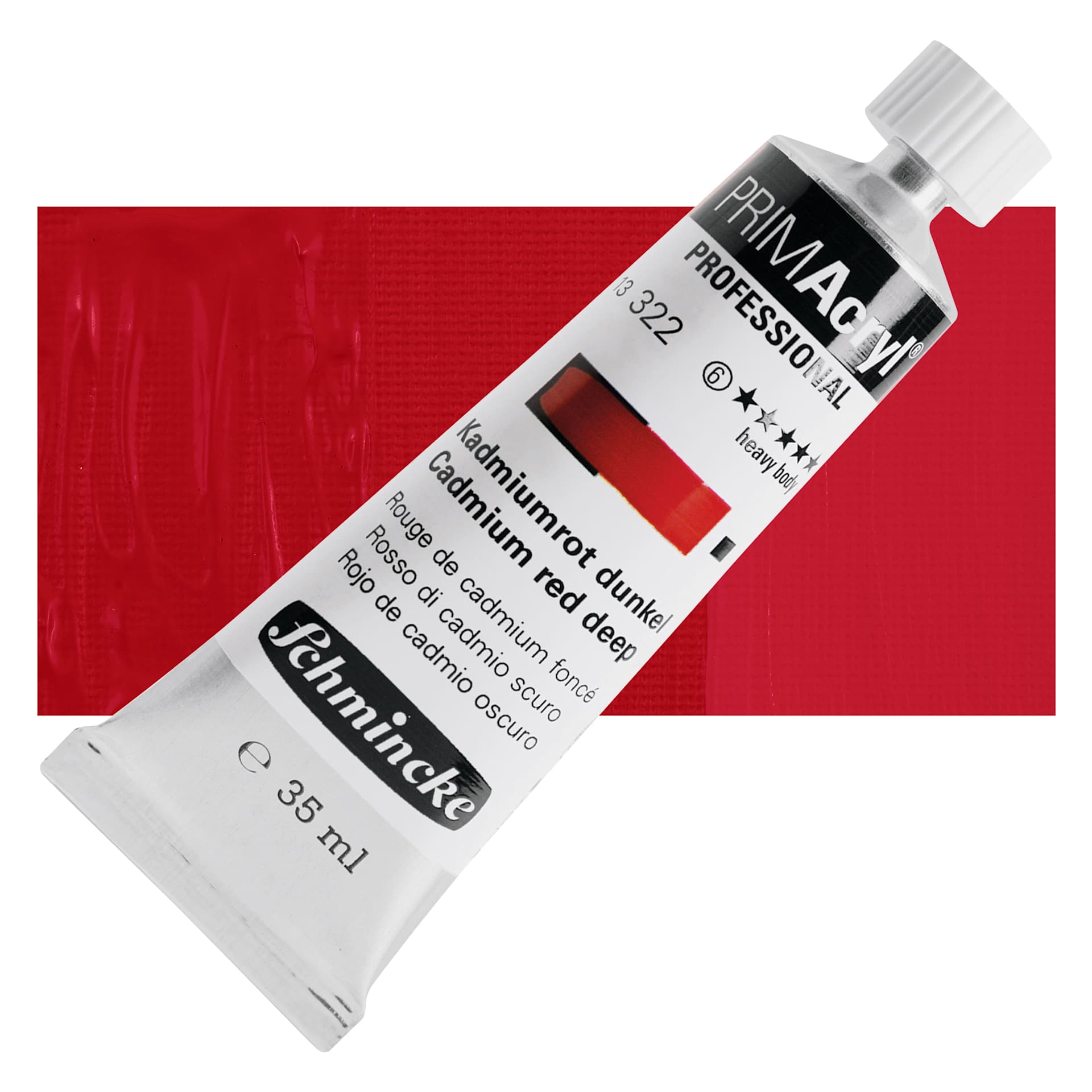 Schmincke Primacryl Professional Acrylic Paint - Cadmium Red Deep, 35 ml Tube and swatch