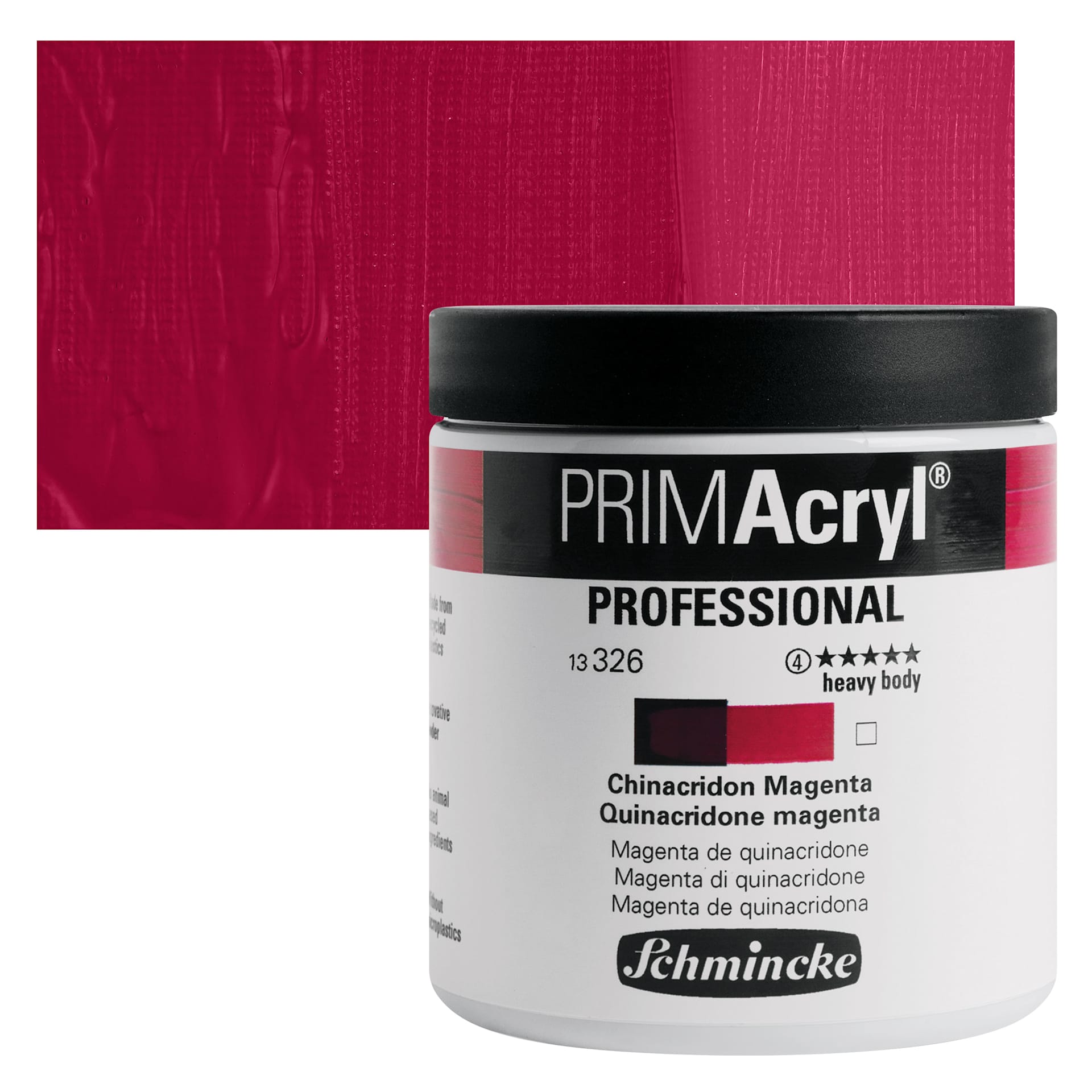 Schmincke Primacryl Professional Acrylic Paint - Quinacridone Magenta, 237 ml Jar and swatch
