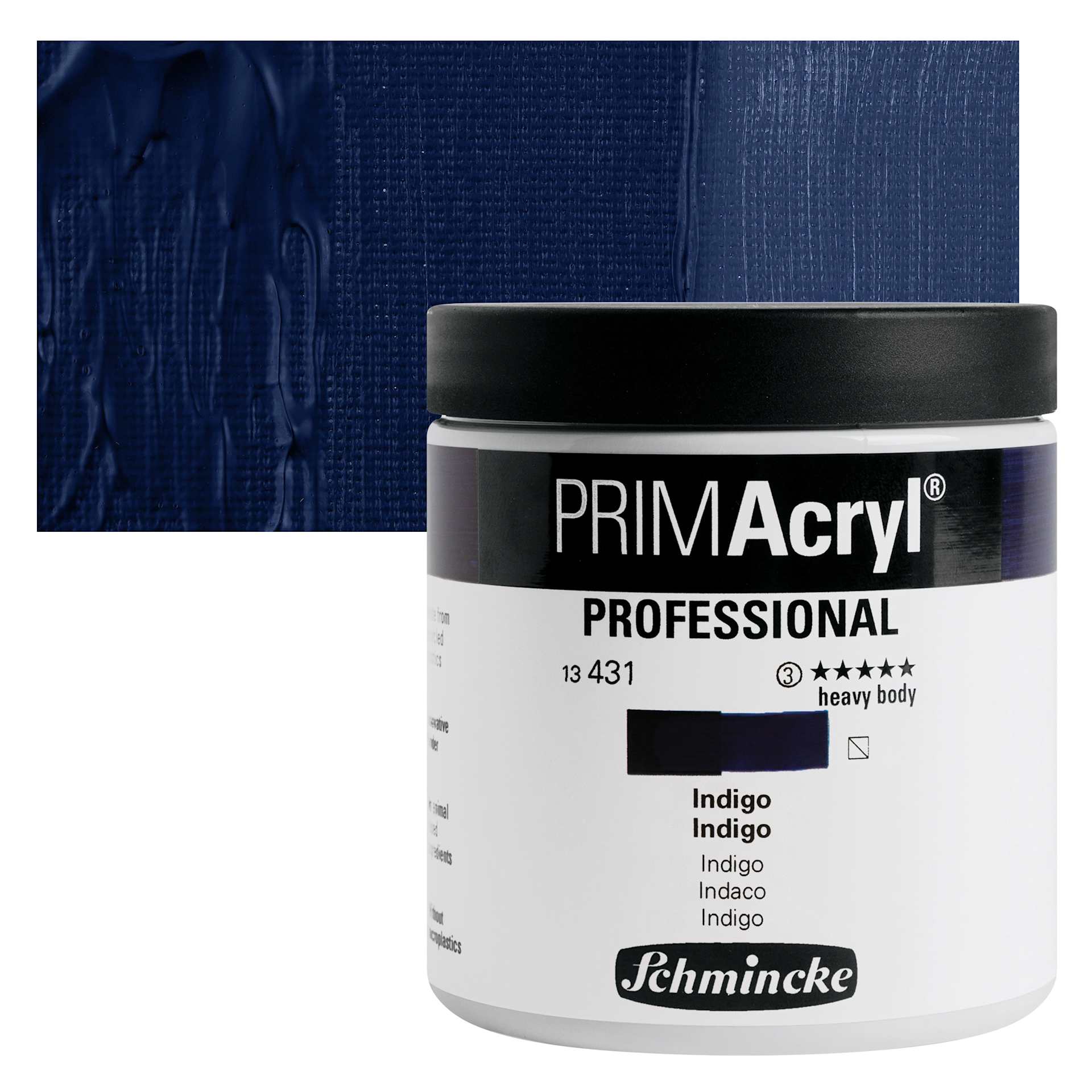 Schmincke Primacryl Professional Acrylic Paint - Indigo, 237 ml Jar and swatch