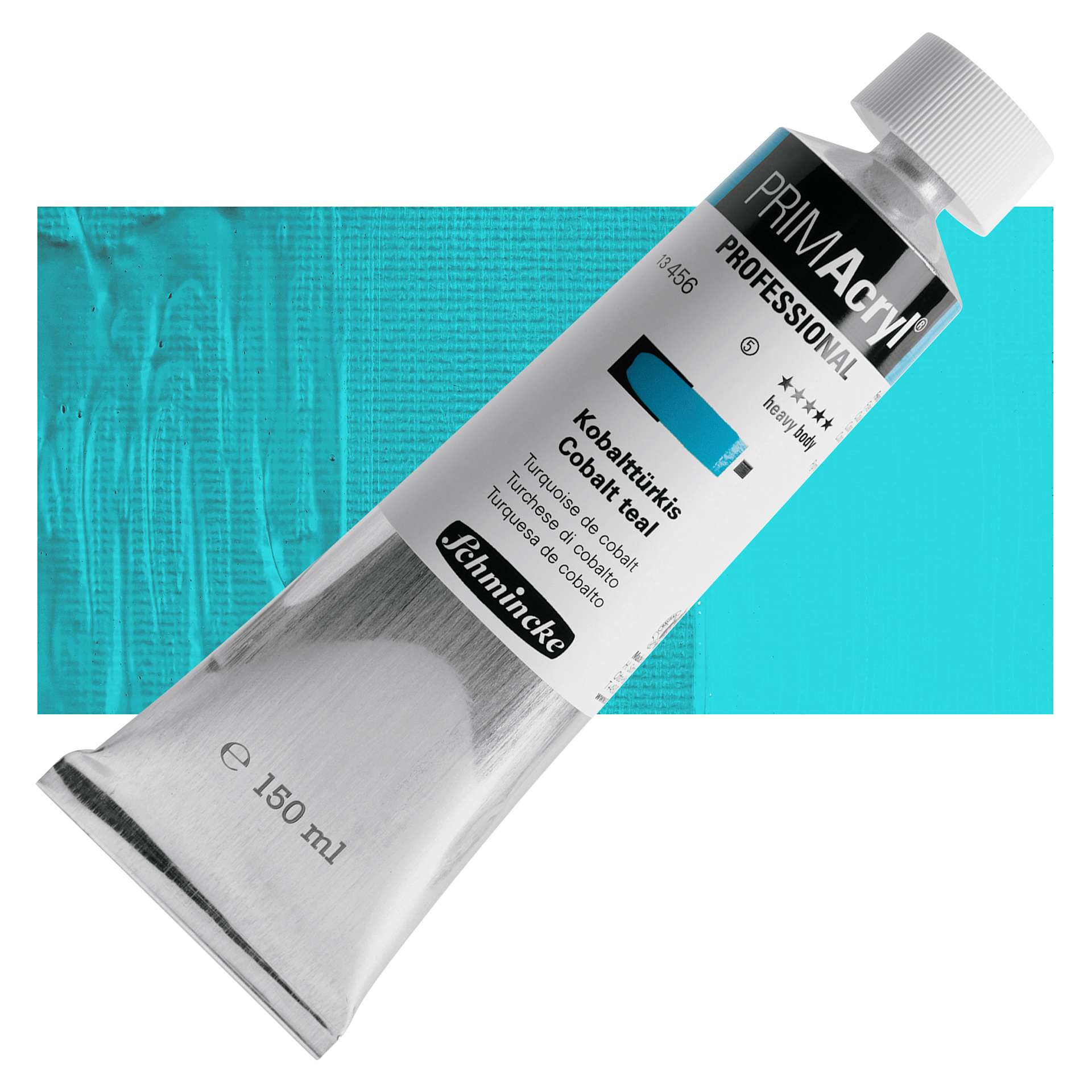 Schmincke Primacryl Professional Acrylic Paint - Cobalt Teal, 150 ml Tube and swatch