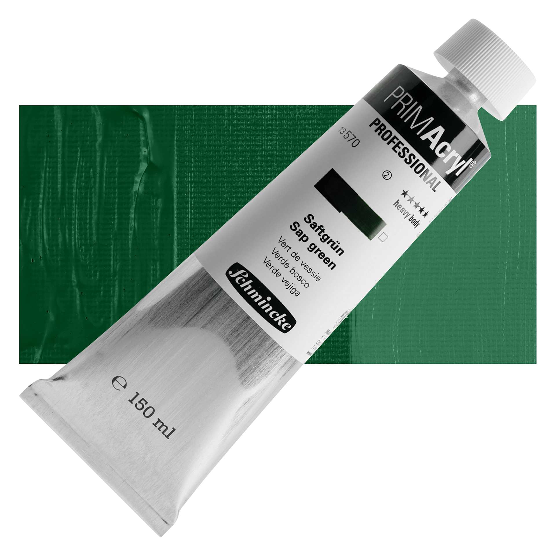 Schmincke Primacryl Professional Acrylic Paint - Sap Green, 150 ml Tube and swatch