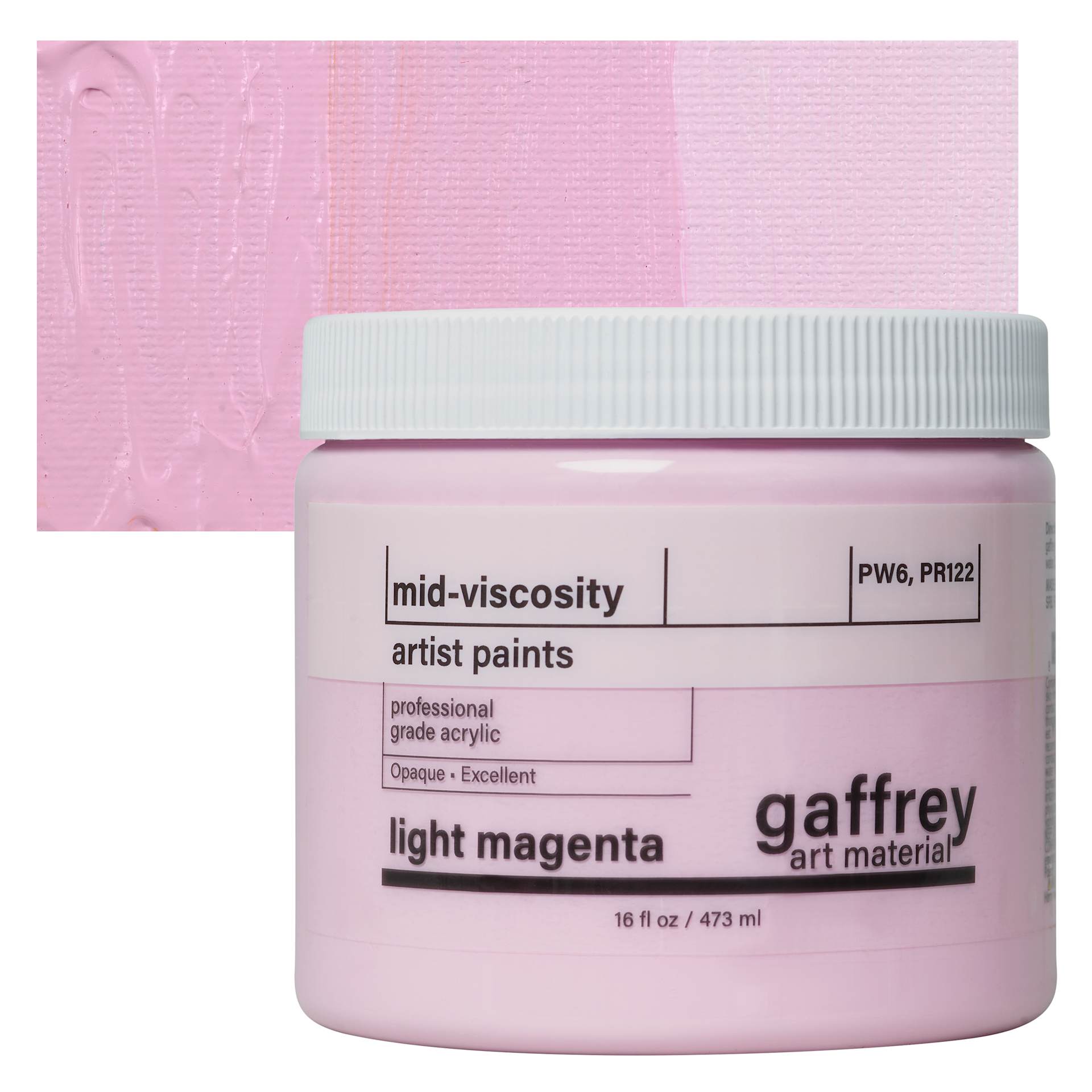 Gaffrey Art Material Standard Body Acrylic Paint - Light Magenta, 473 ml jar and swatch