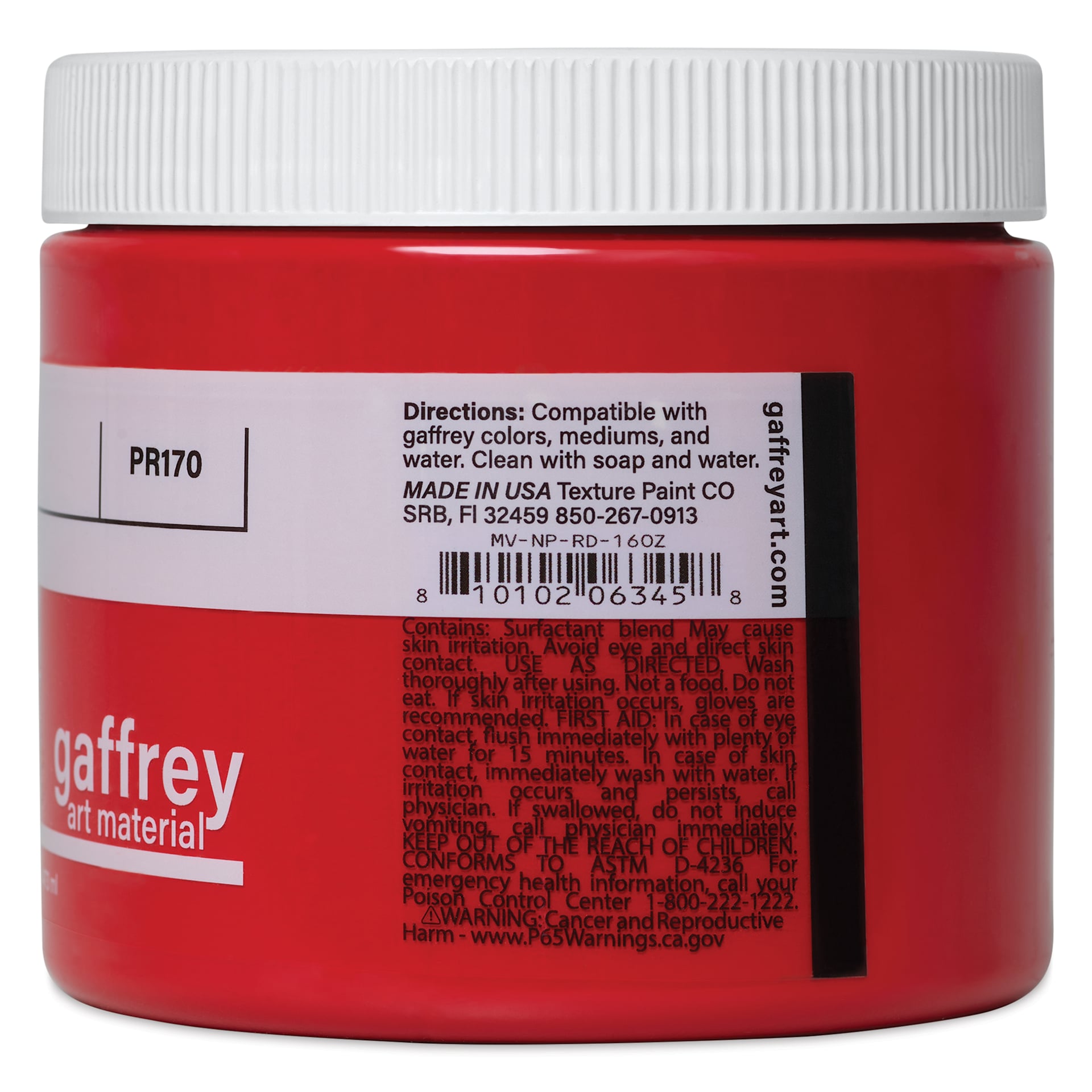 Gaffrey Art Material Standard Body Acrylic Paint - Naphthol Red, 473 ml jar side