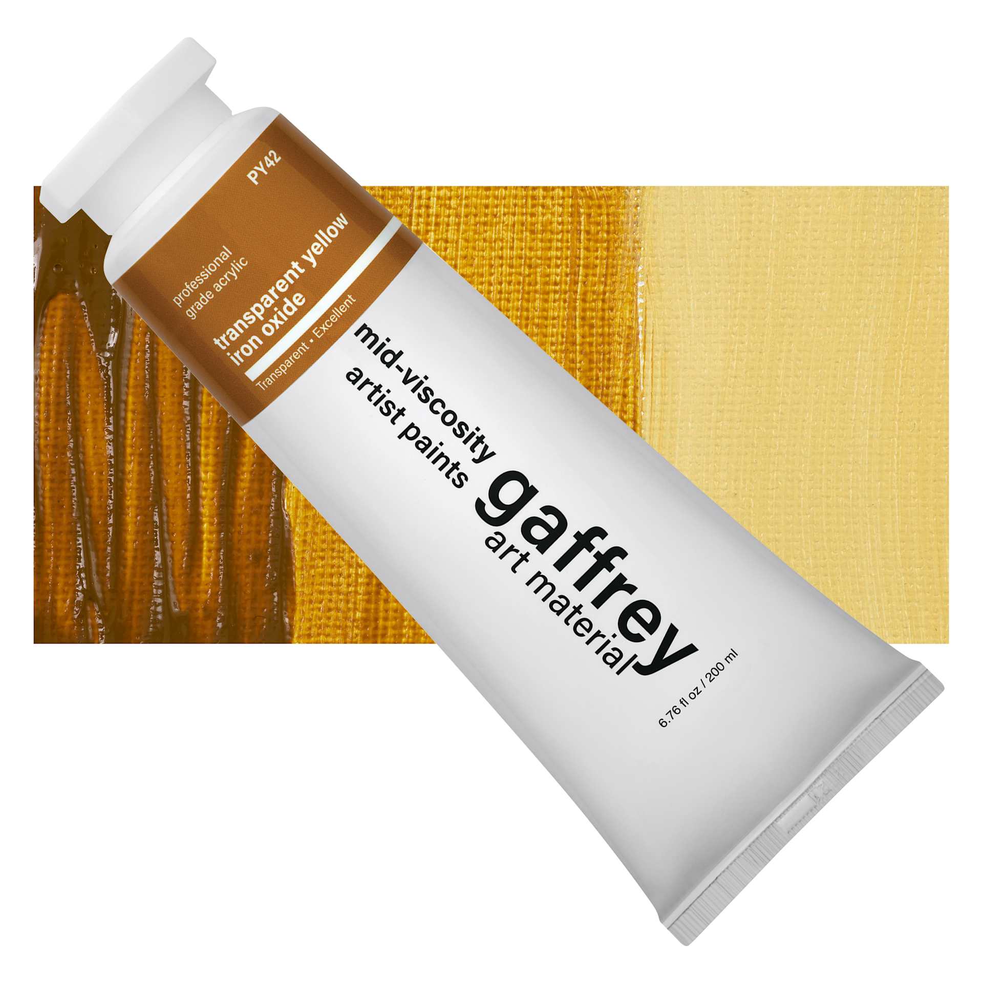 Gaffrey Art Material Standard Body Acrylic Paint - Yellow Iron Oxide, 200 ml tube and swatch