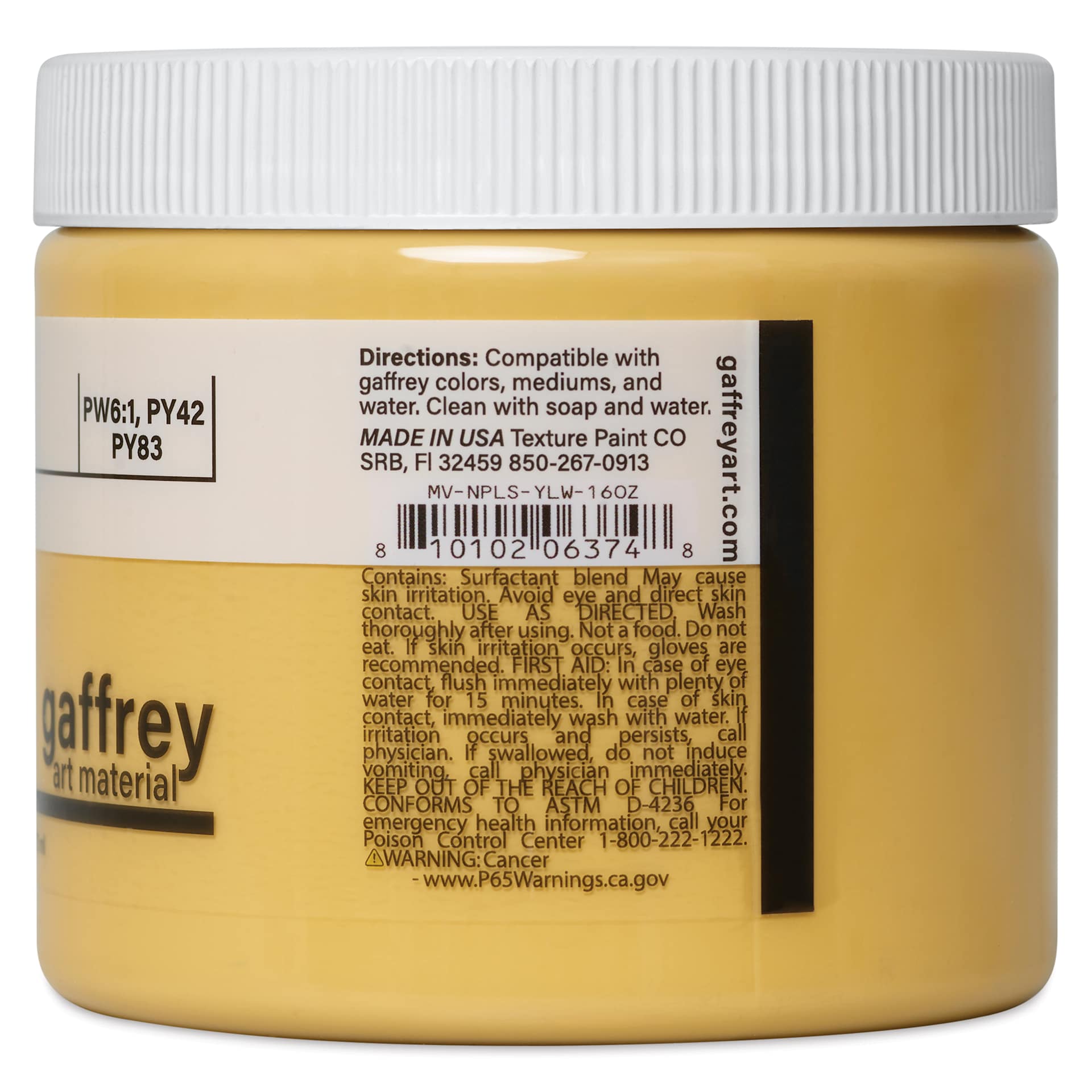 Gaffrey Art Material Standard Body Acrylic Paint - Naples Yellow, 473 ml jar side