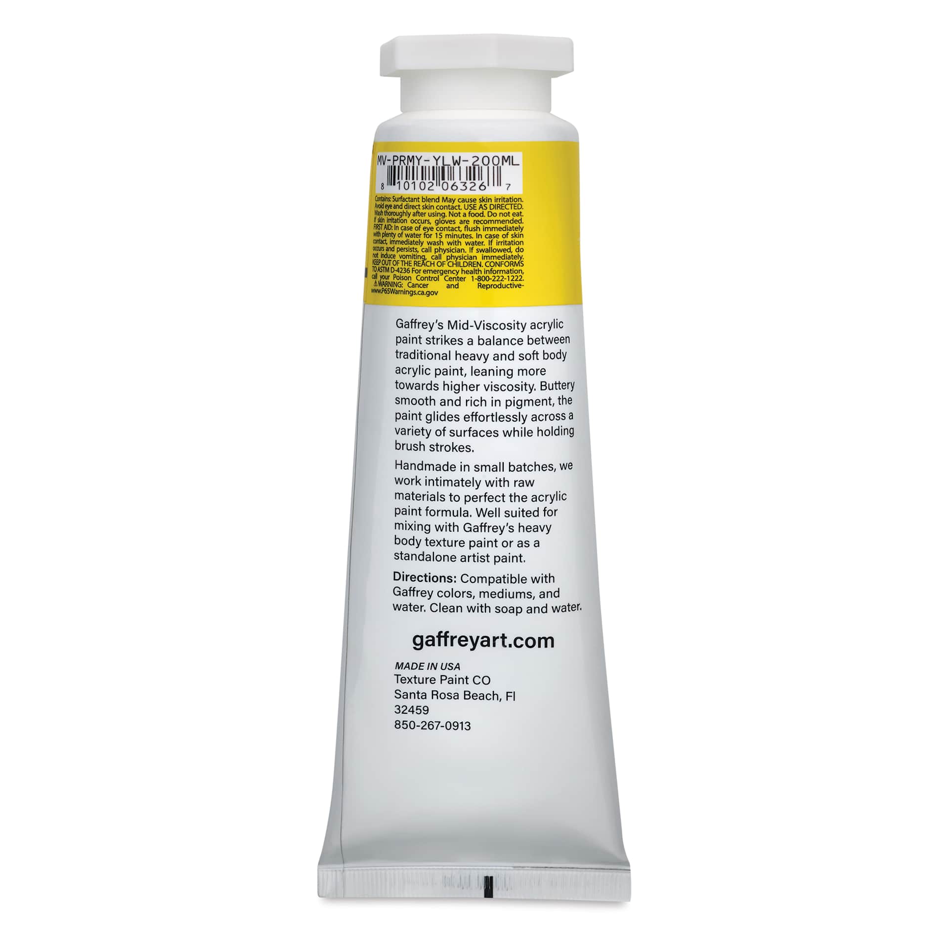 Gaffrey Art Material Standard Body Acrylic Paint - Primary Yellow, 200 ml tube back