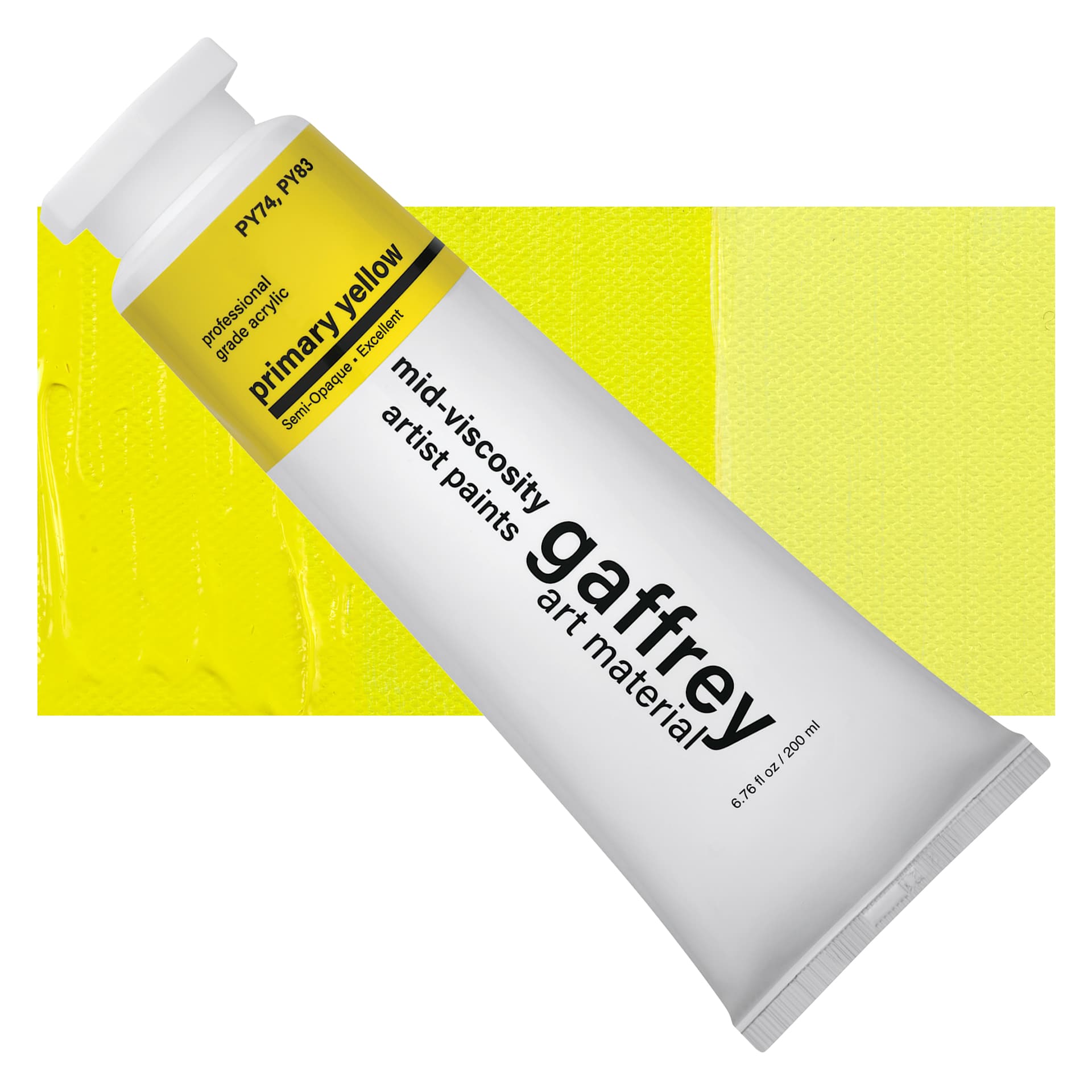 Gaffrey Art Material Standard Body Acrylic Paint - Primary Yellow, 200 ml tube and swatch