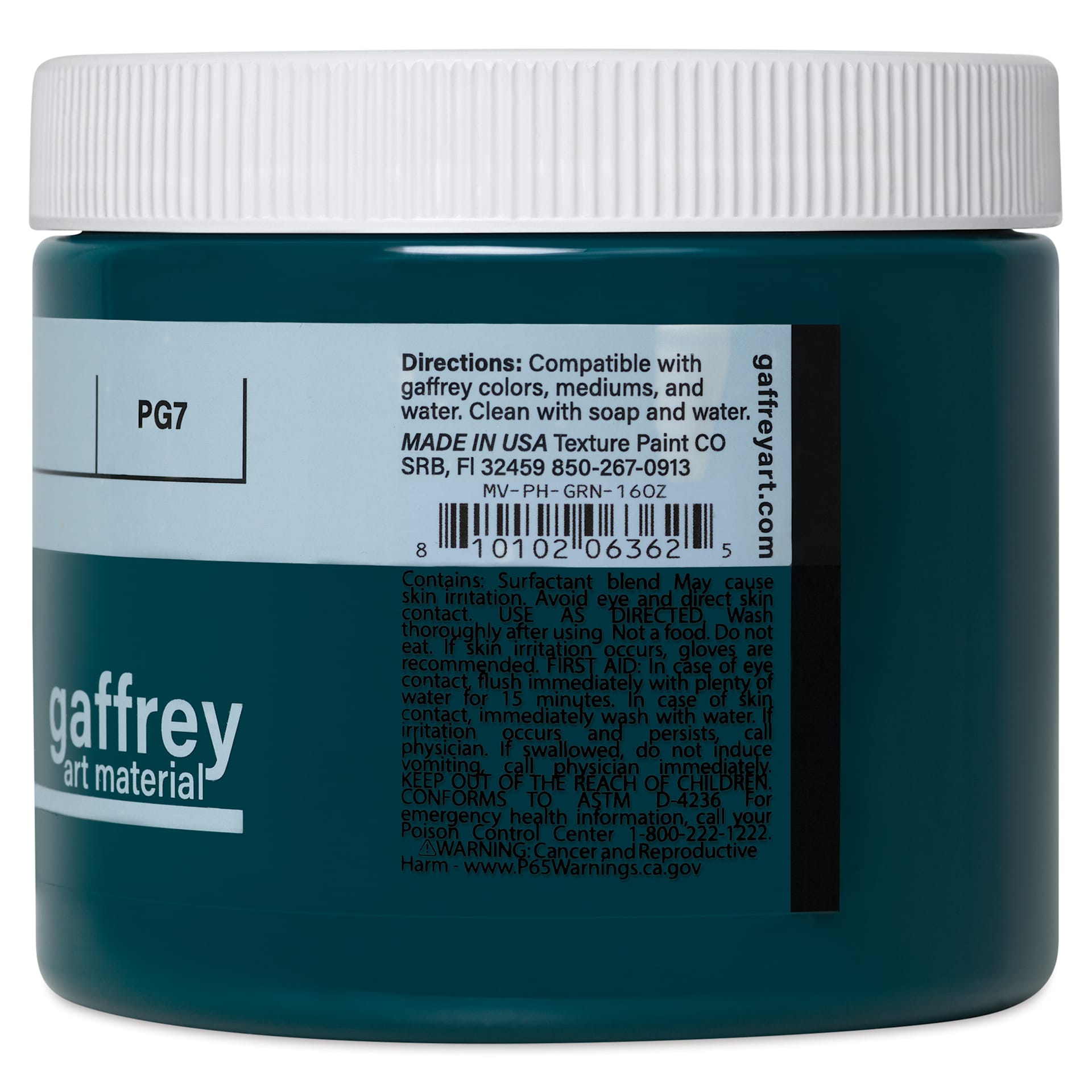 Gaffrey Art Material Standard Body Acrylic Paint - Phthalo Green, 473 ml jar side view