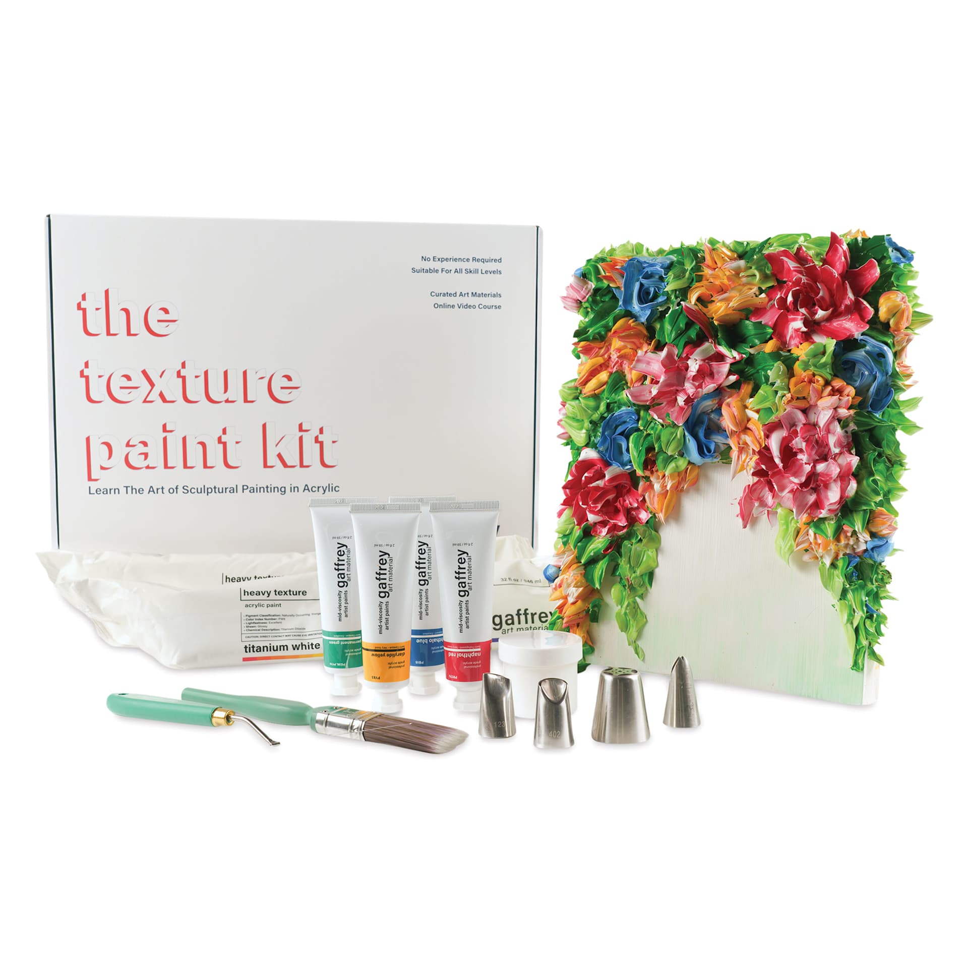 Gaffrey Heavy Body Texture Acrylic Paints - Set of 15, Piping Flowers set with a a finished painting