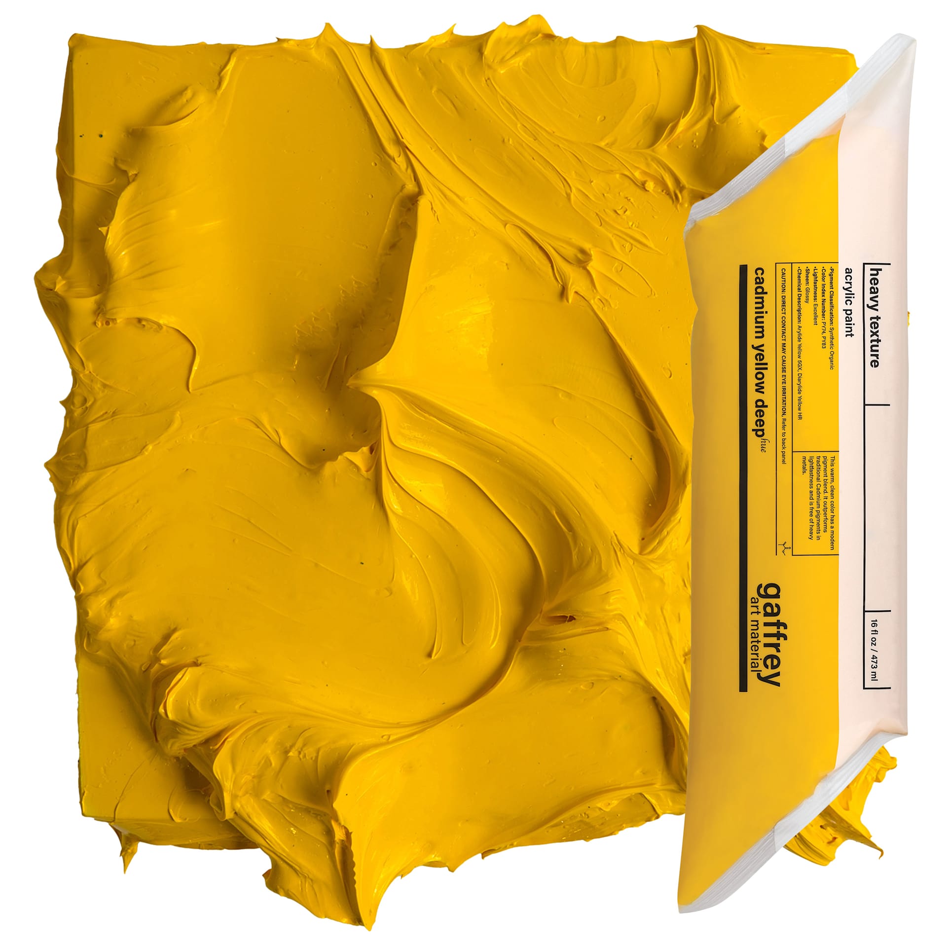 Gaffrey Heavy Body Texture Acrylic Paint - Cadmium Yellow Deep Hue, 16 oz pouch and swatch