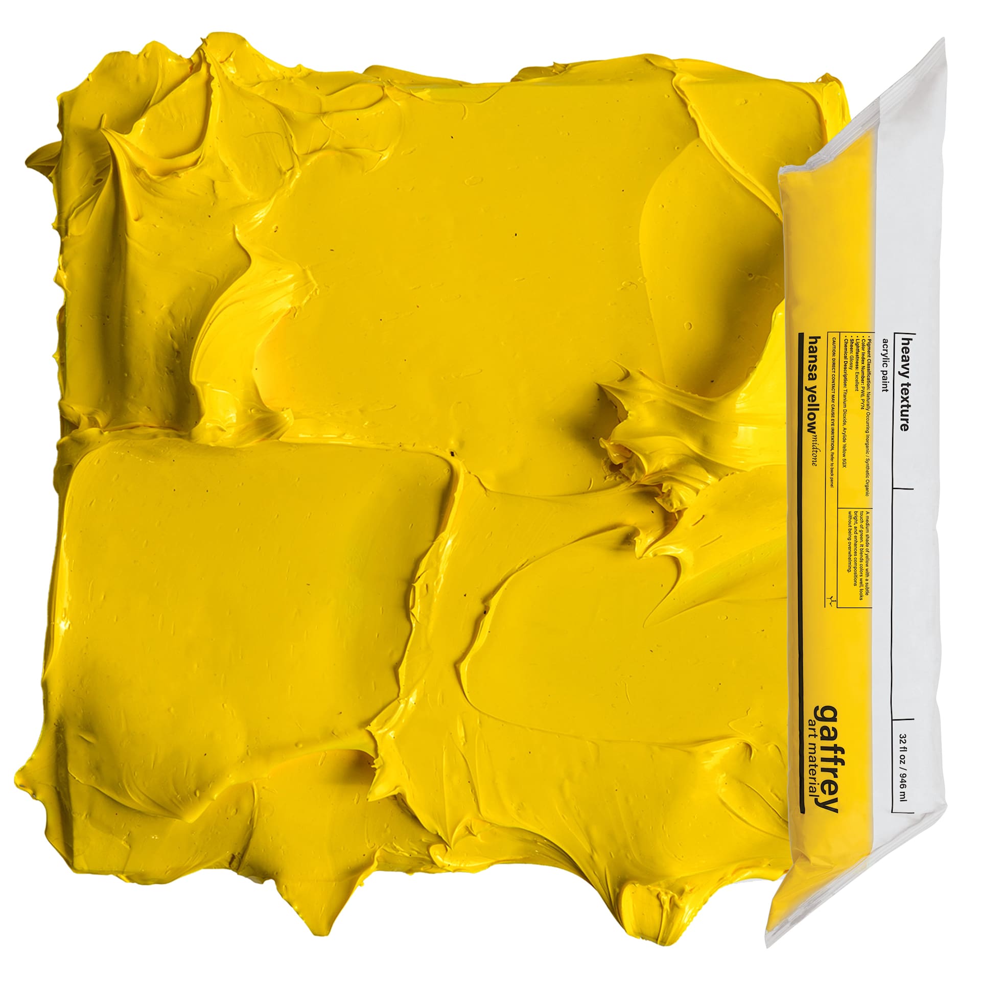 Gaffrey Heavy Body Texture Acrylic Paint - Hansa Yellow Midtone, 32 oz pouch and swatch