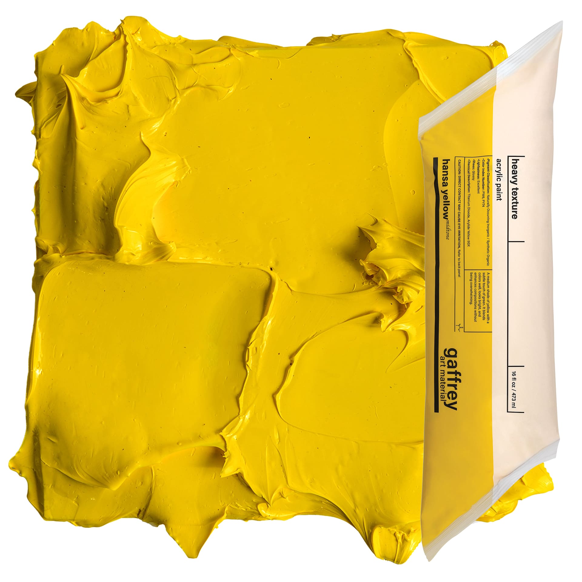 Gaffrey Heavy Body Texture Acrylic Paint - Hansa Yellow Midtone, 16 oz pouch and swatch