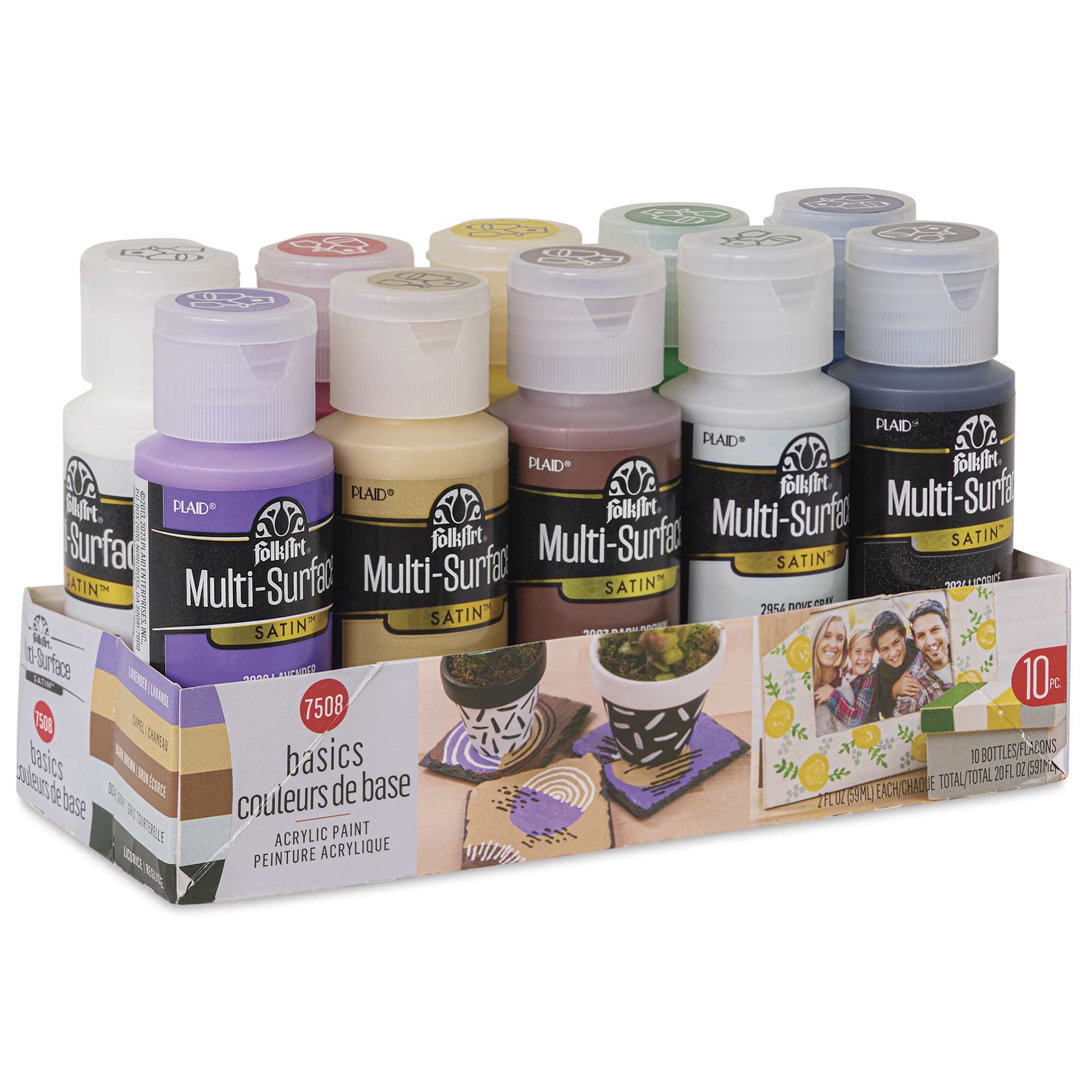 FolkArt Multi-Surface Acrylic Paints - Set of 10, Basic Colors, 59 ml Bottles in package