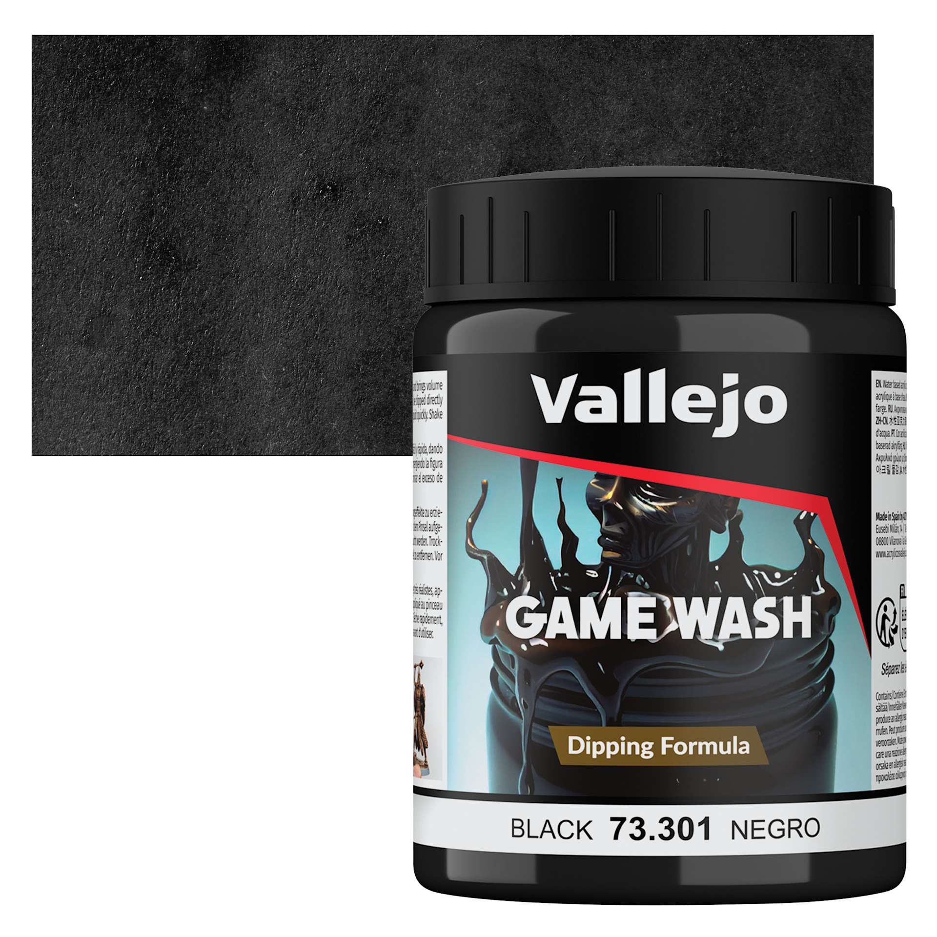 Vallejo Game Color Fluid Acrylic Wash - Black, 200 ml jar and swatch
