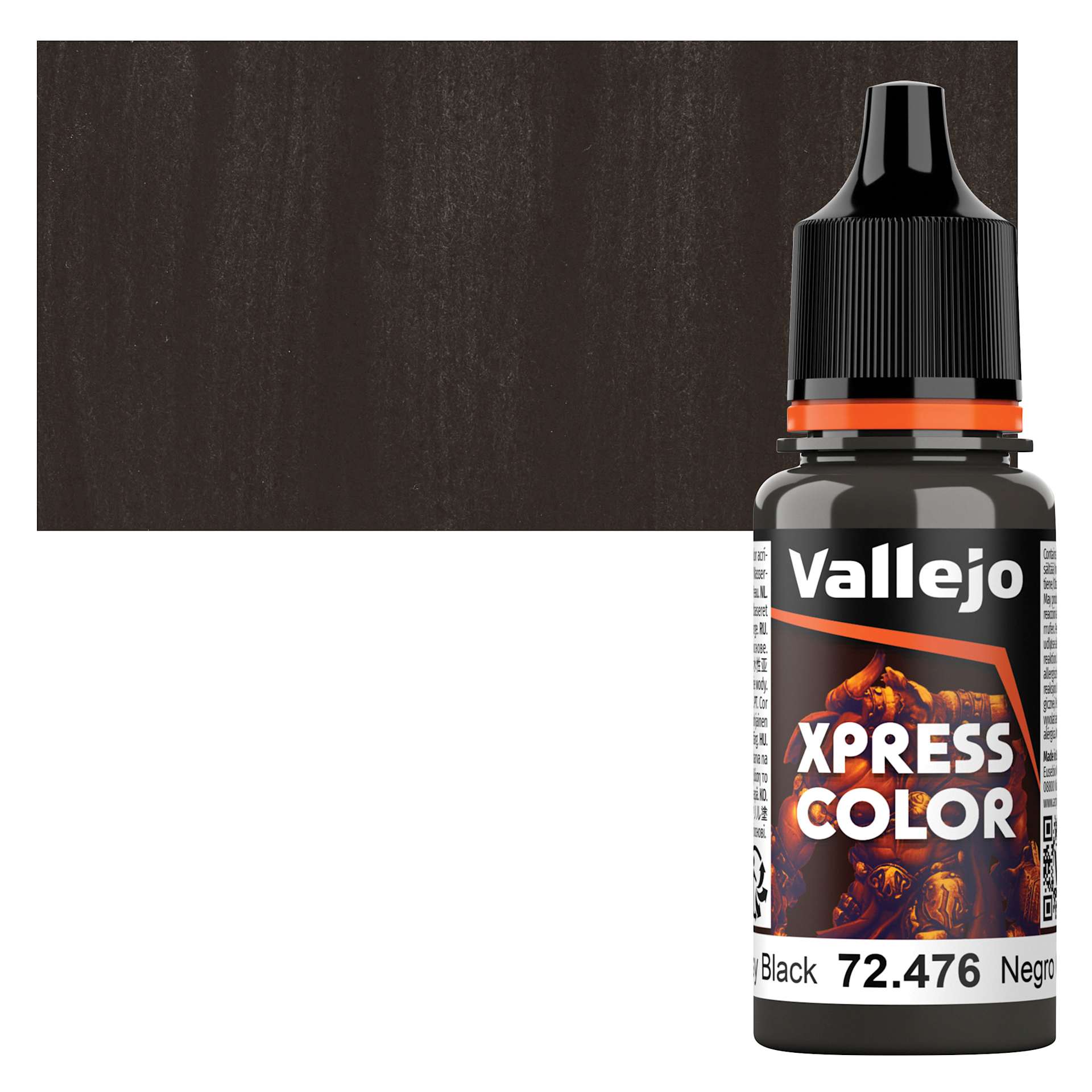 Vallejo Xpress Color Acrylic Paint - Greasy Black, 18 ml bottle and swatch