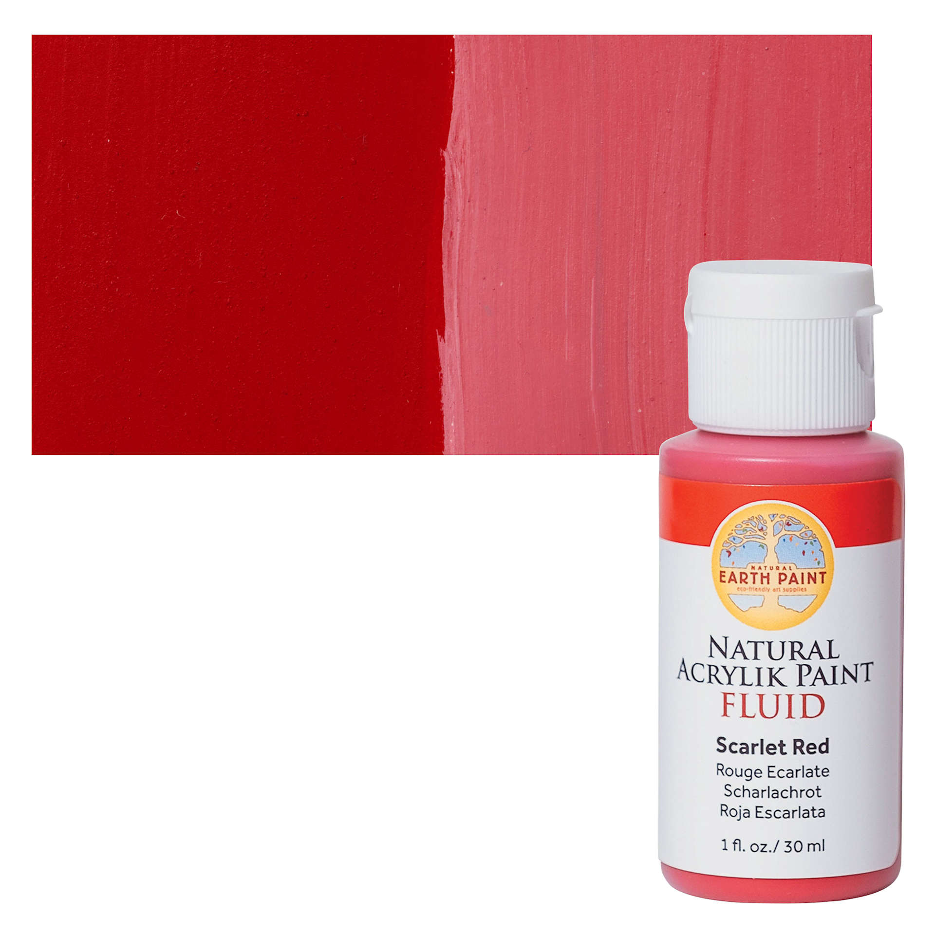 Natural Earth Paint Natural Fluid Acrylik Paint - Scarlet Red, 30 ml bottle and Swatch