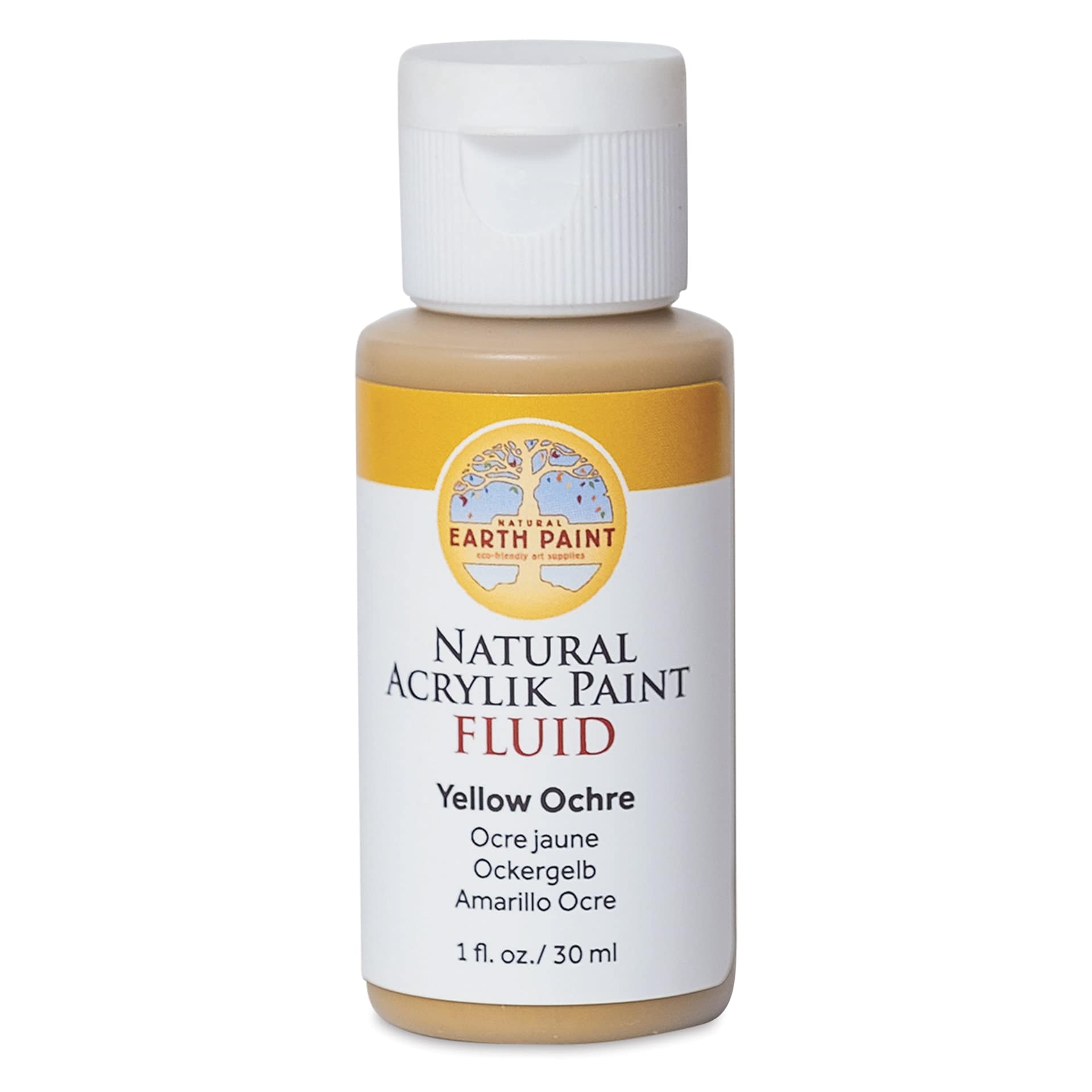 Natural Earth Paint Natural Fluid Acrylik Paint - Yellow Ochre, 30 ml - front of bottle