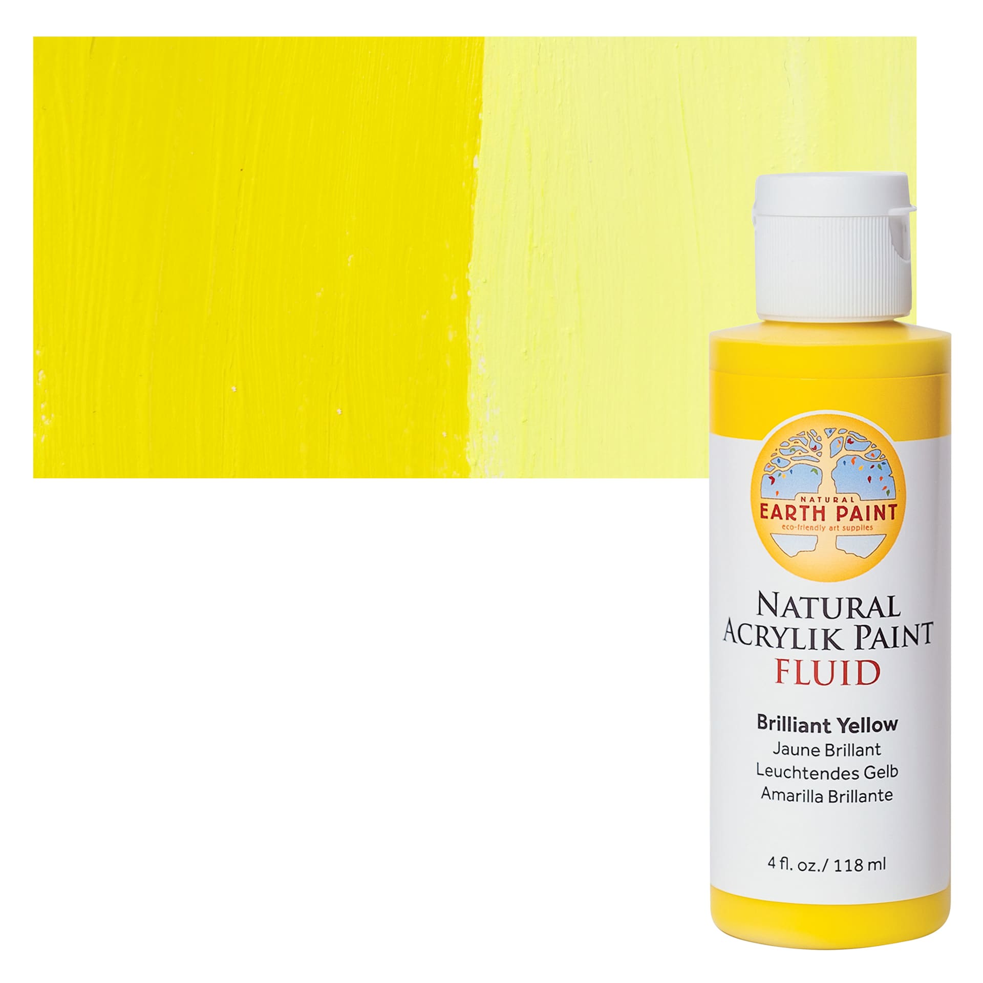 Natural Earth Paint Natural Fluid Acrylik Paint - Brilliant Yellow, 118 ml - Bottle and Swatch
