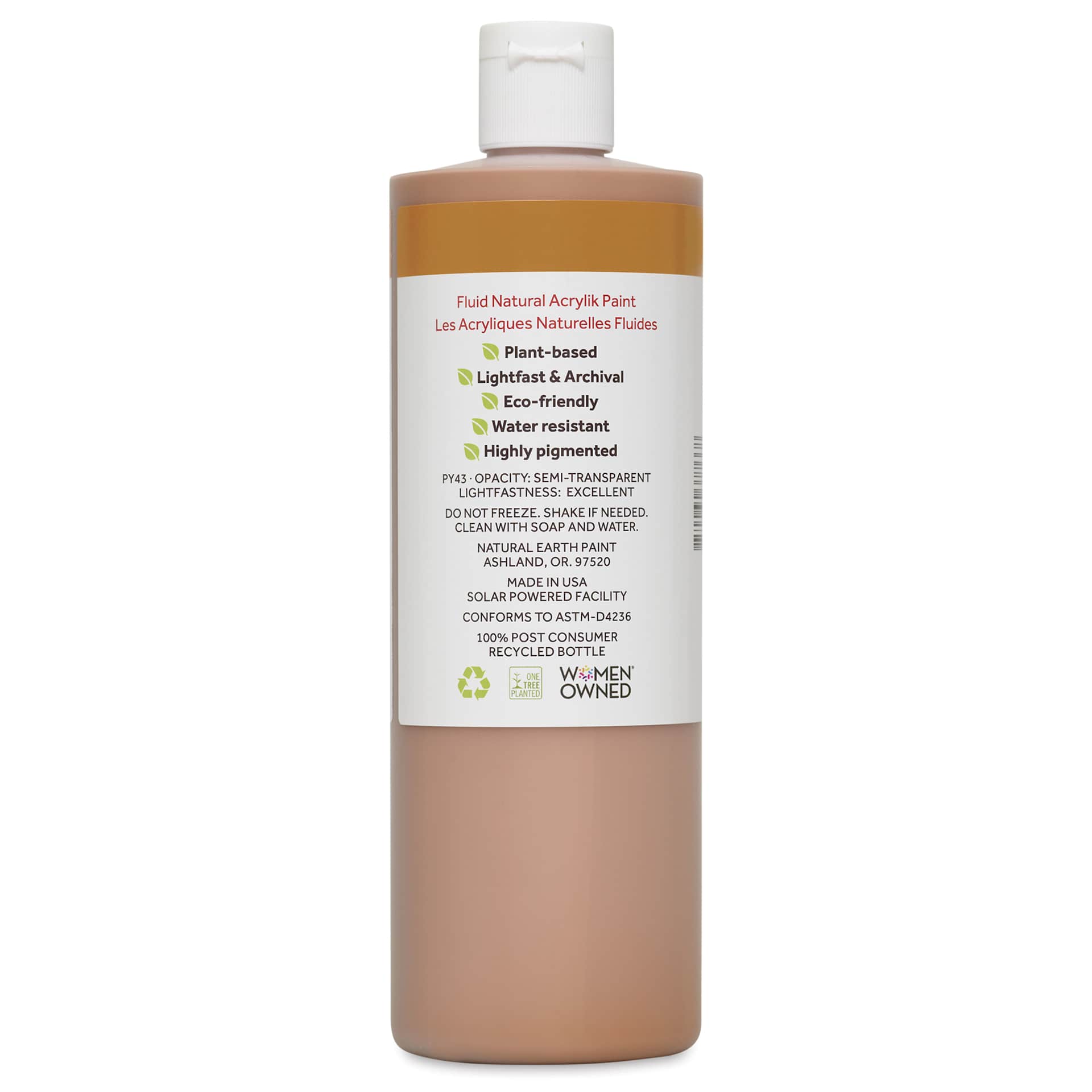 Natural Earth Paint Natural Fluid Acrylik Paint - Raw Sienna, back of a 473 ml bottle
