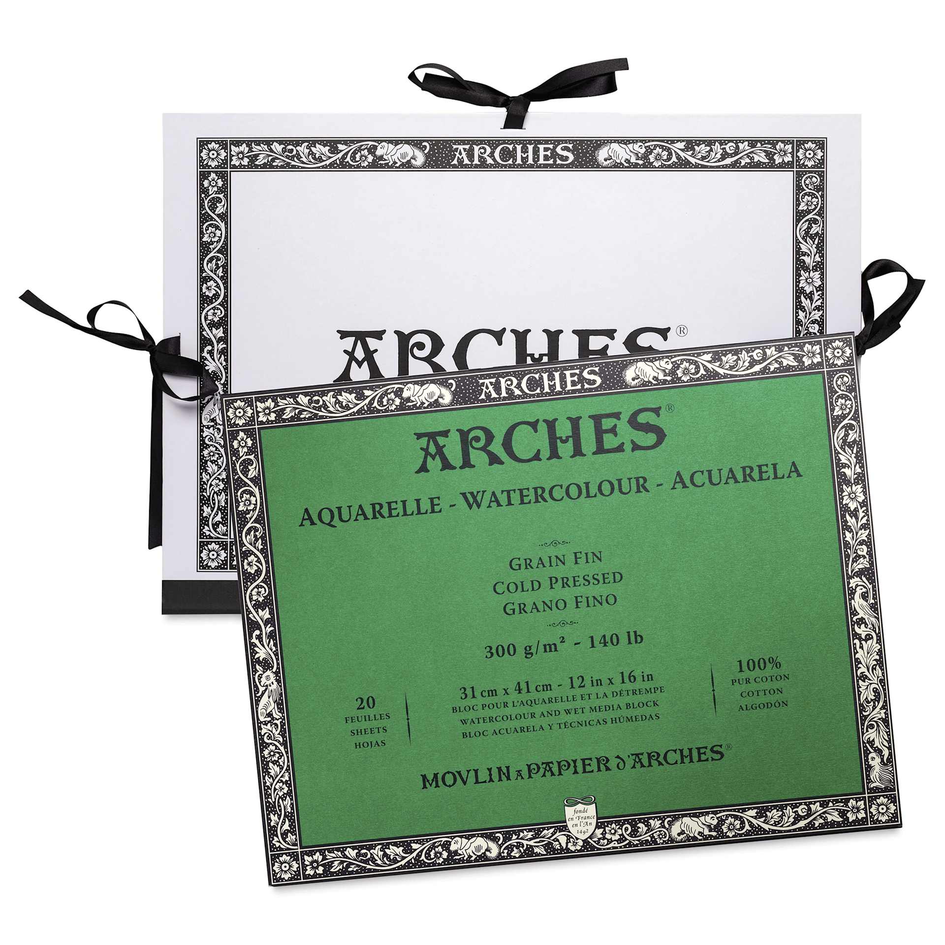 Arches Aquarelle Watercolor Block and Portfolio Set - Blick Exclusive! 12" x 16", 140 lb, Cold Press, 20 Sheets watercolor block in front of portfolio