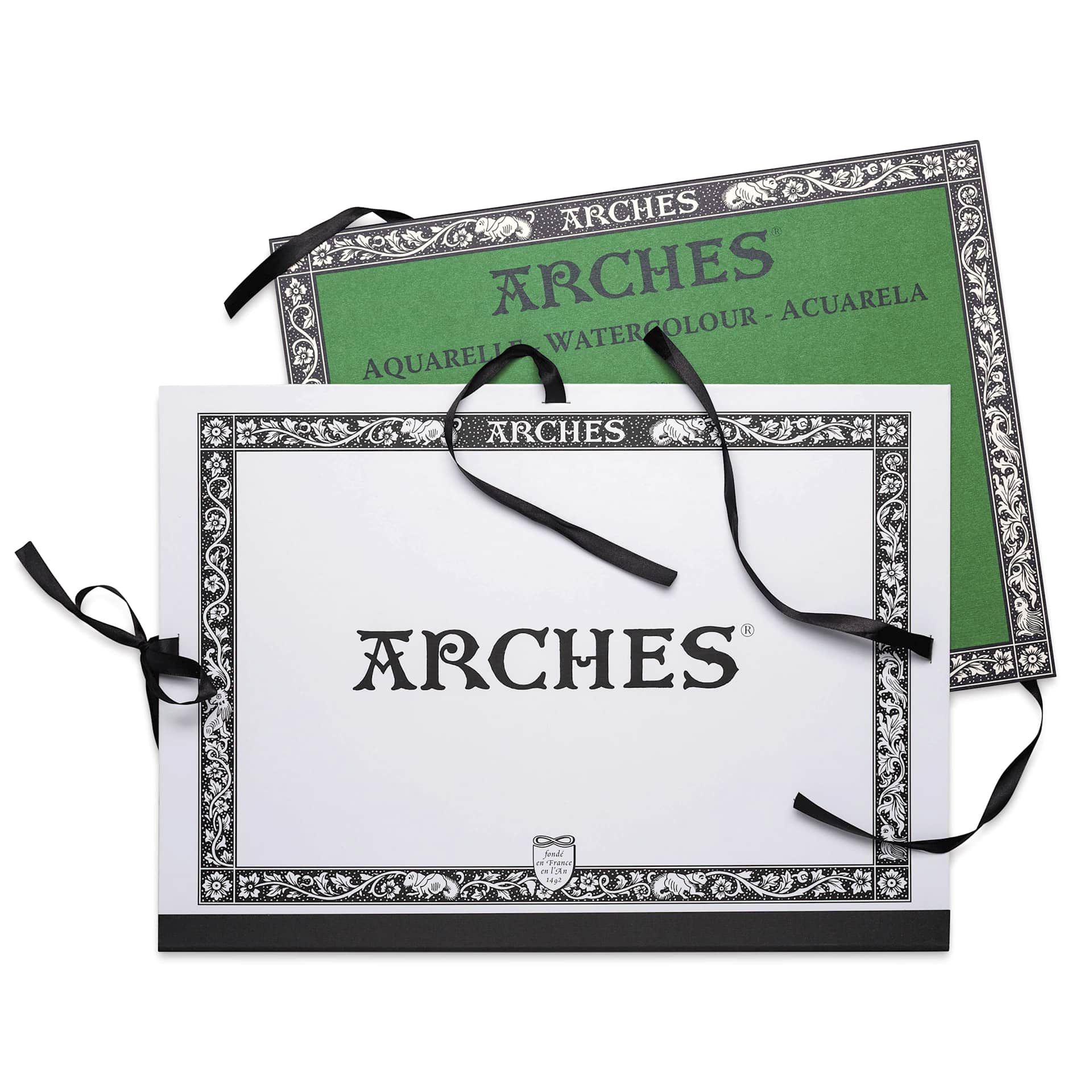 Arches Aquarelle Watercolor Block and Portfolio Set - Blick Exclusive! 12" x 16", 140 lb, Cold Press, 20 Sheets portfolio in front of watercolor block