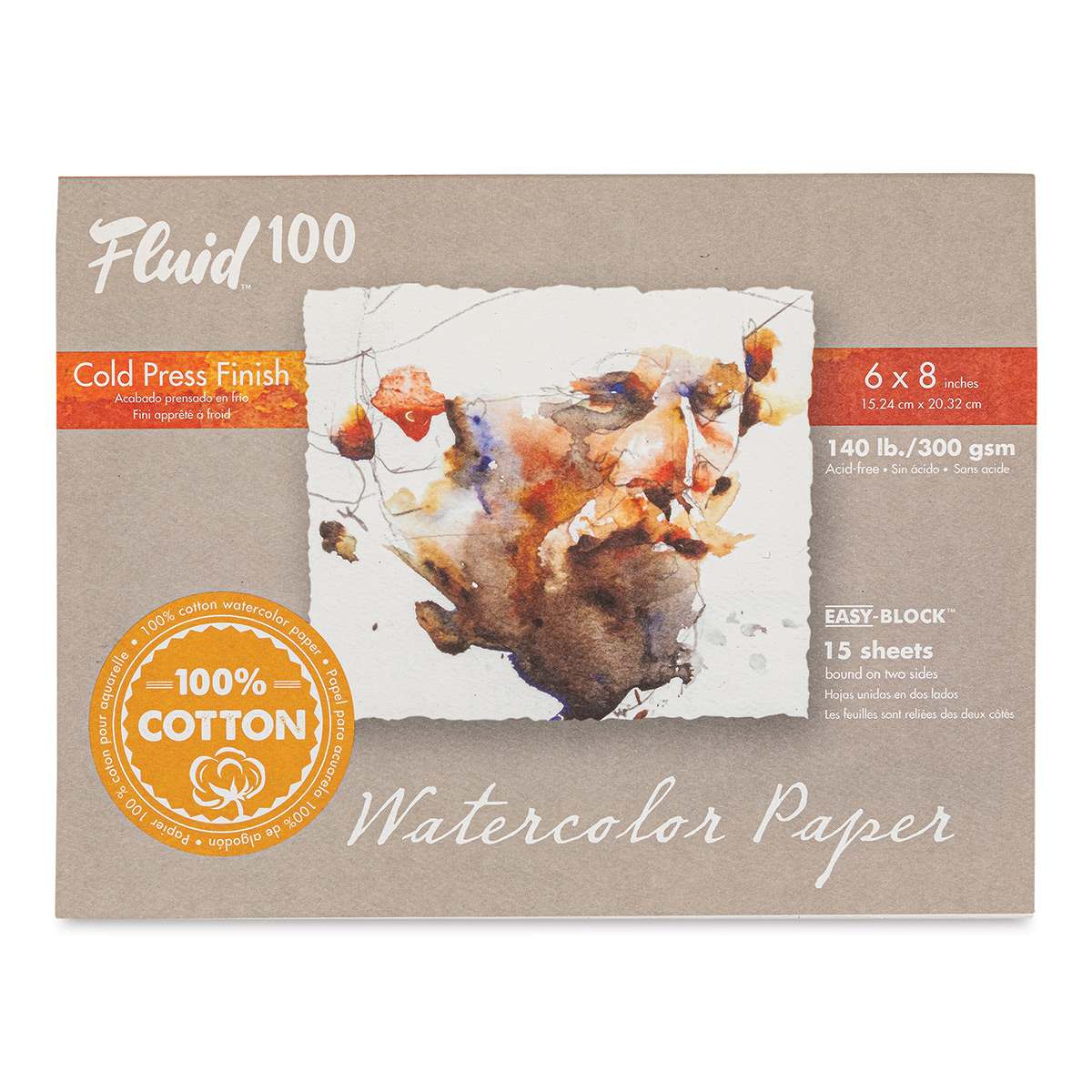 Fluid 100 Watercolor Paper Block - 6" x 8", Pkg of 15 Sheets, 140 lb, Cold Press