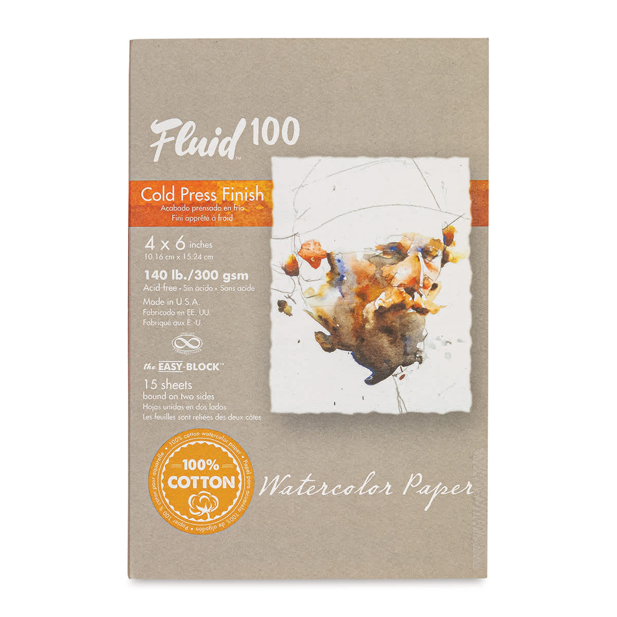 Fluid 100 Watercolor Paper Block - 4" x 6", Pkg of 15 Sheets, 140 lb, Cold Press