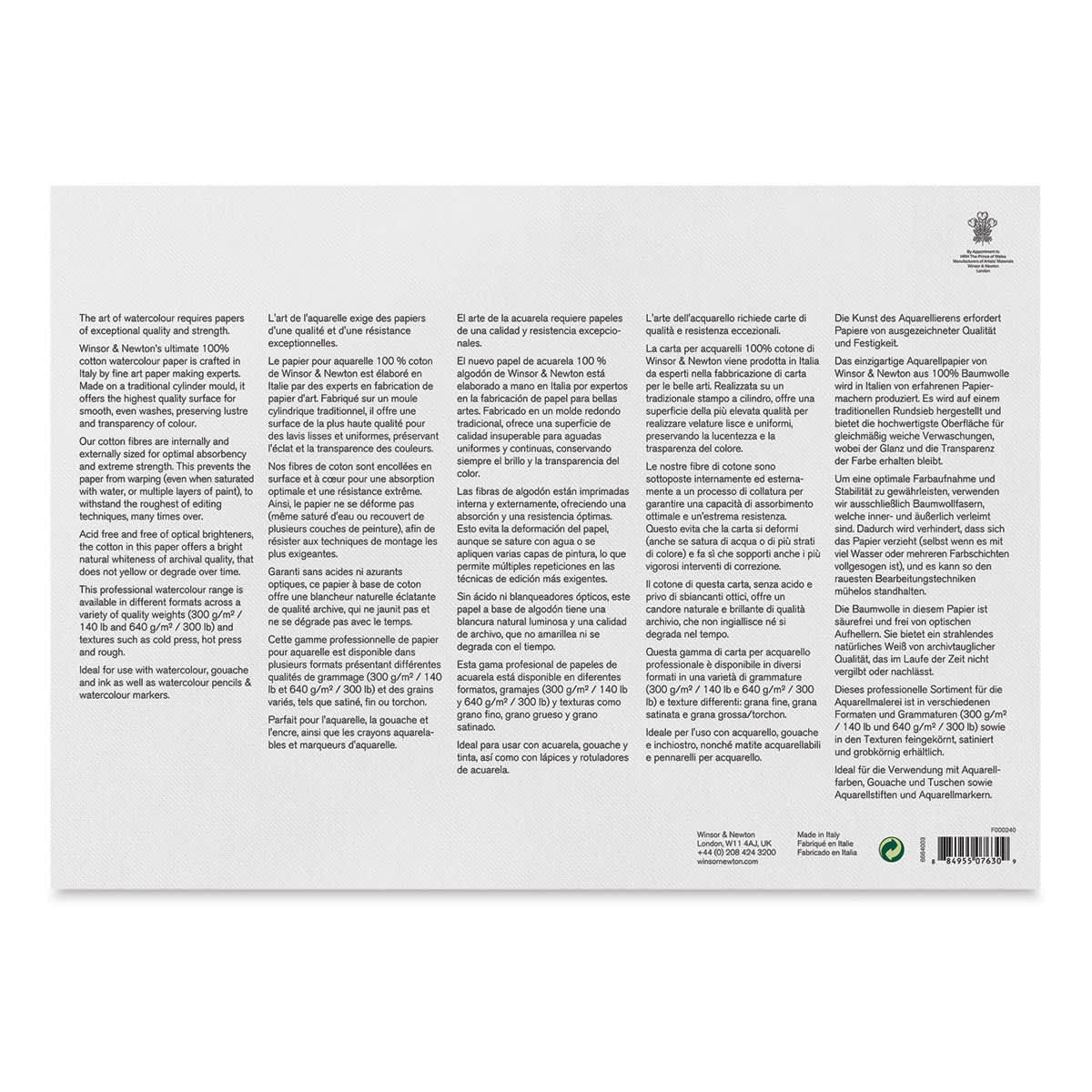 Winsor & Newton Professional Watercolor Block - 10" x 14", Cold Press (back of block)