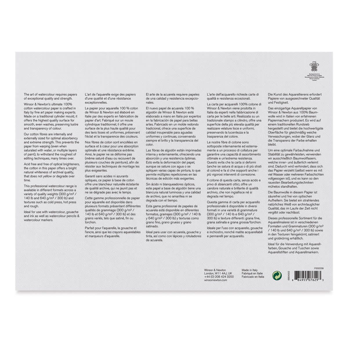 Winsor & Newton Professional Watercolor Block - 9" x 12", Cold Press (back of block)