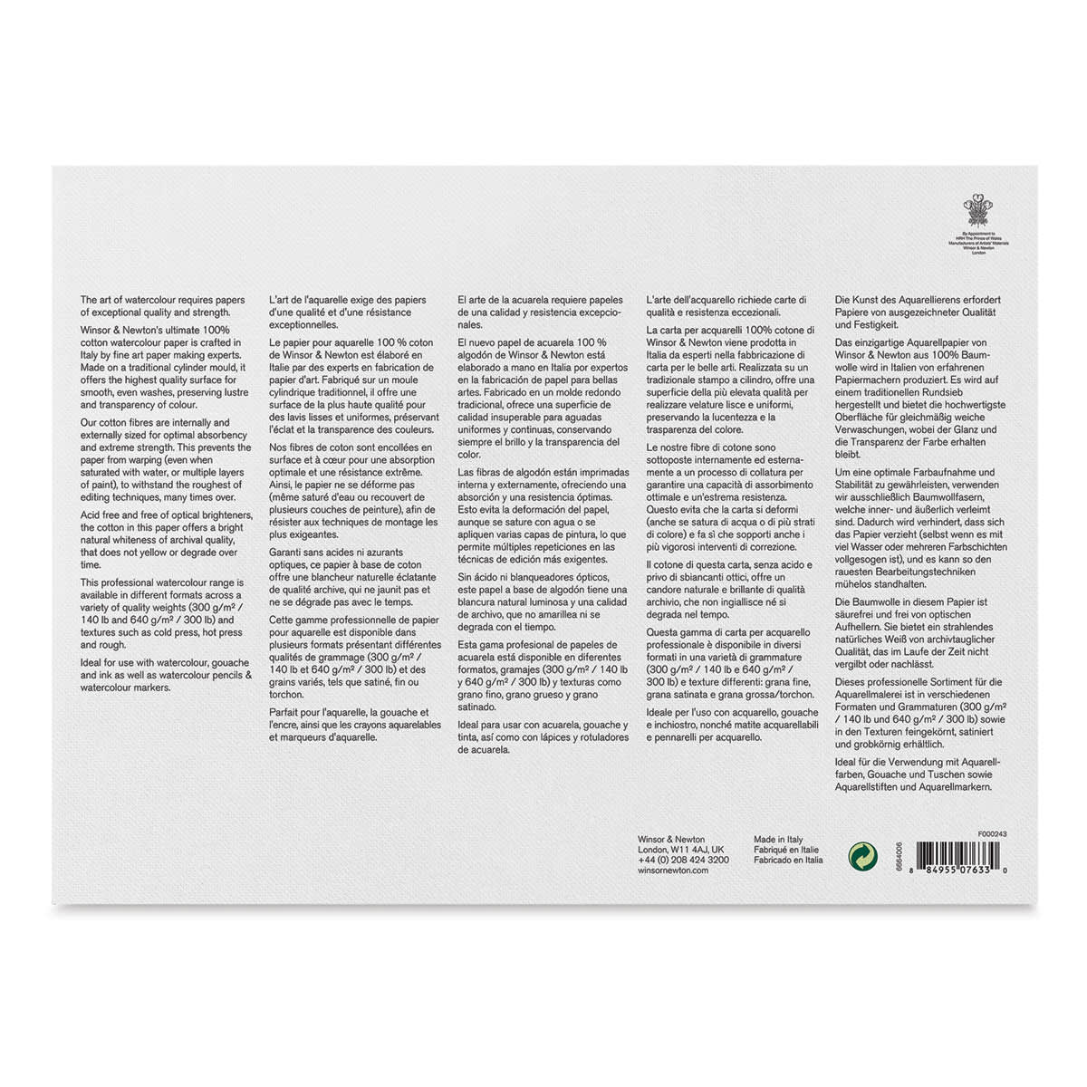 Winsor & Newton Professional Watercolor Block - 9" x 12", Hot Press (back of block)