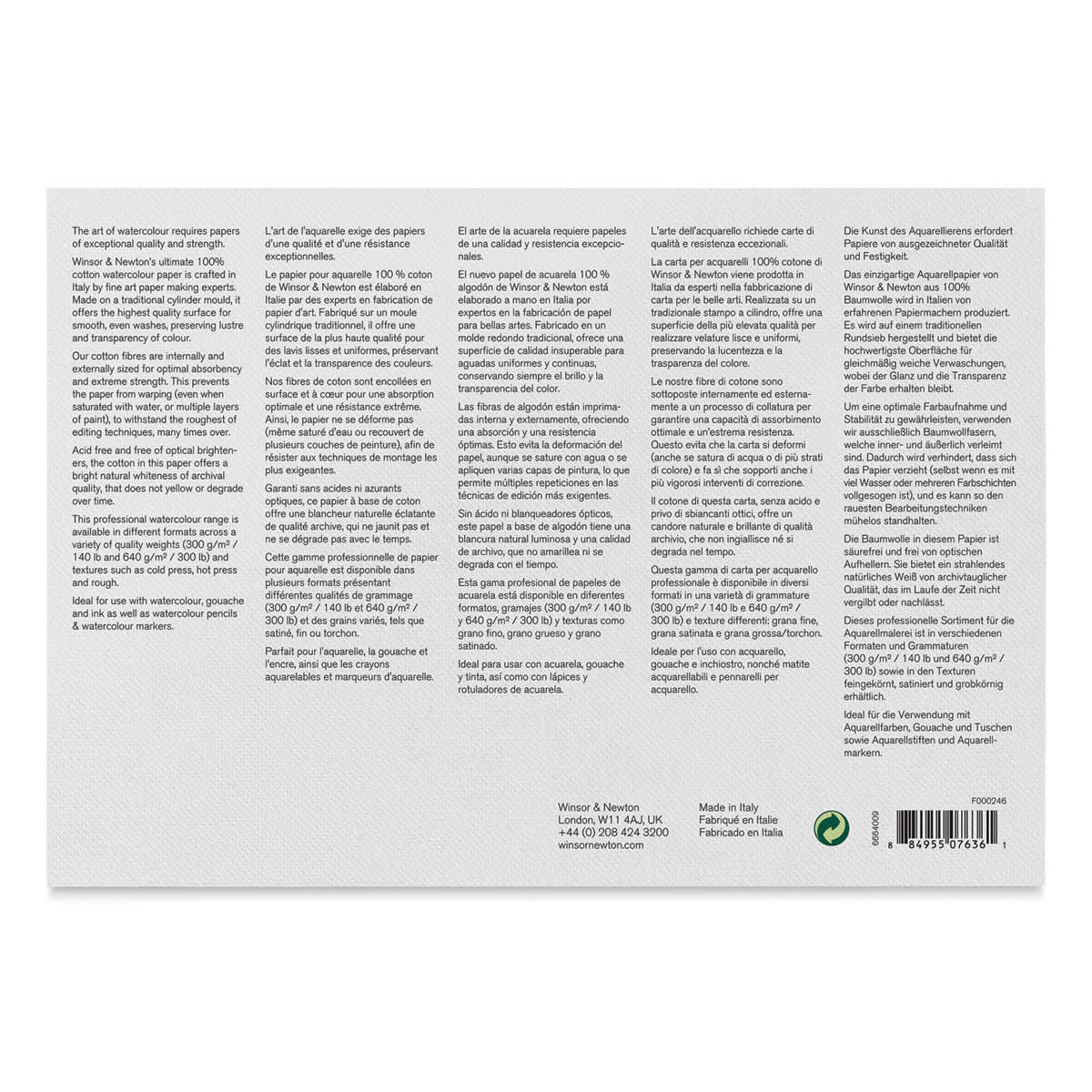 Winsor & Newton Professional Watercolor Block - 7" x 10", Rough Press (back of block)
