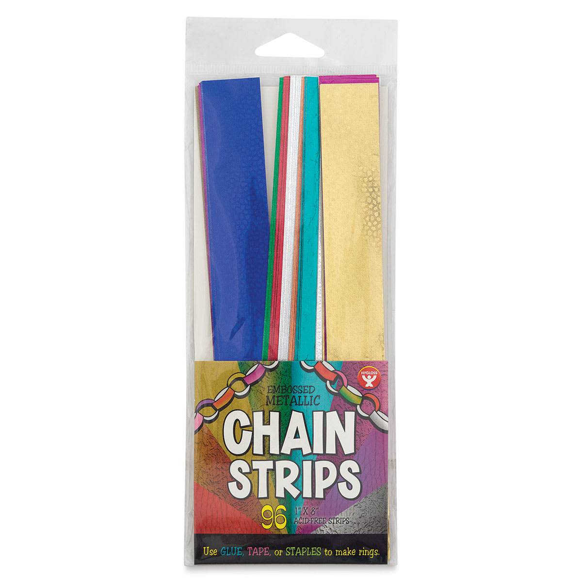 Hygloss Chain Strips - Embossed Metallic strips shown in package