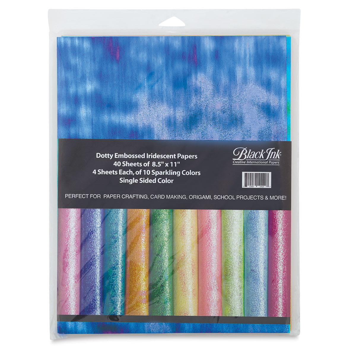 Black Ink Dotty Embossed Iridescent Papers - Front of package of 40 pc Assorted Colors
