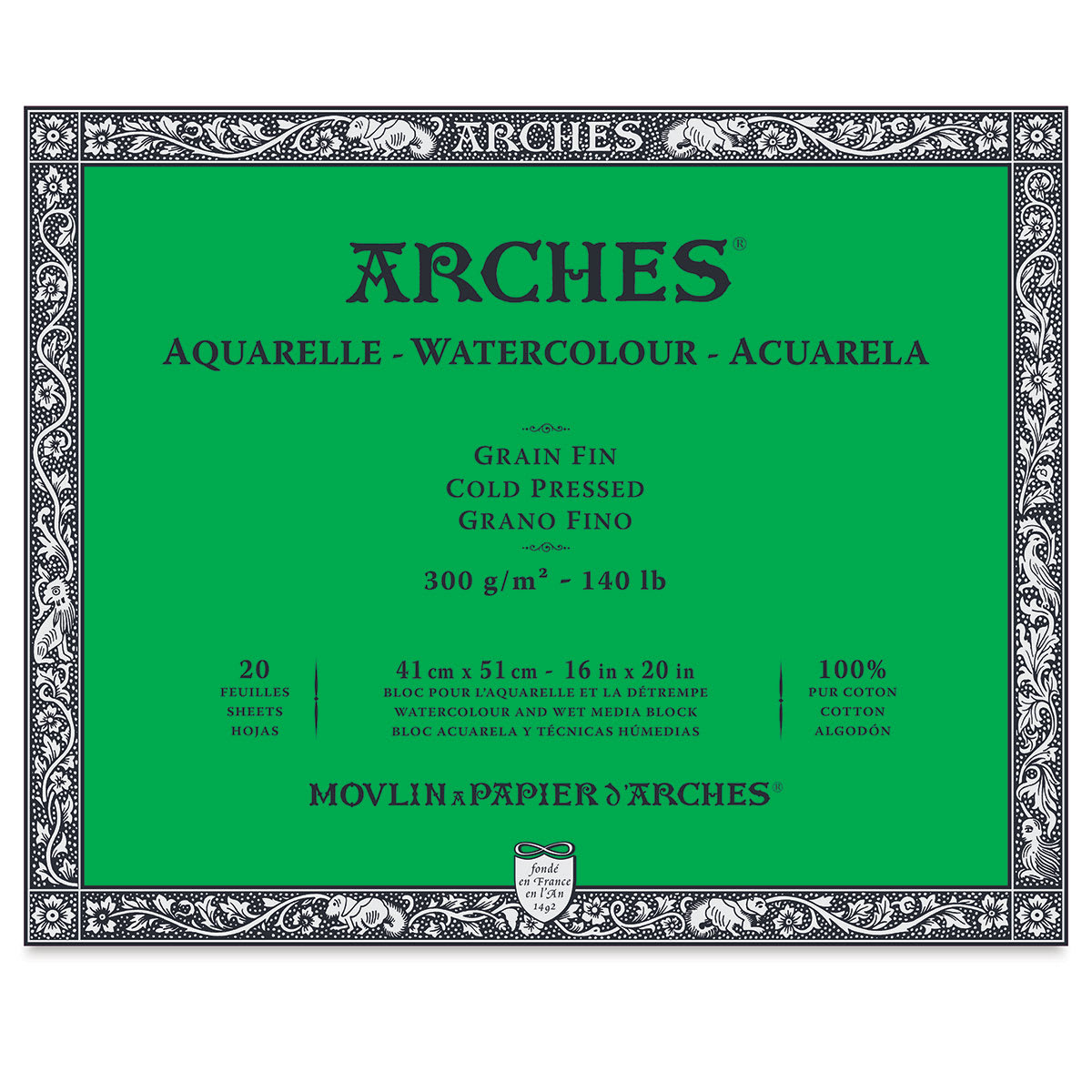 Arches Watercolor Block - Cold Press, 16" x 20", 140 lb (300 gsm), 20 sheets. Green cover. Arches Watercolor Block - Cold Press, 16" x 20", 140 lb (300 gsm), 20 sheets. Green cover.