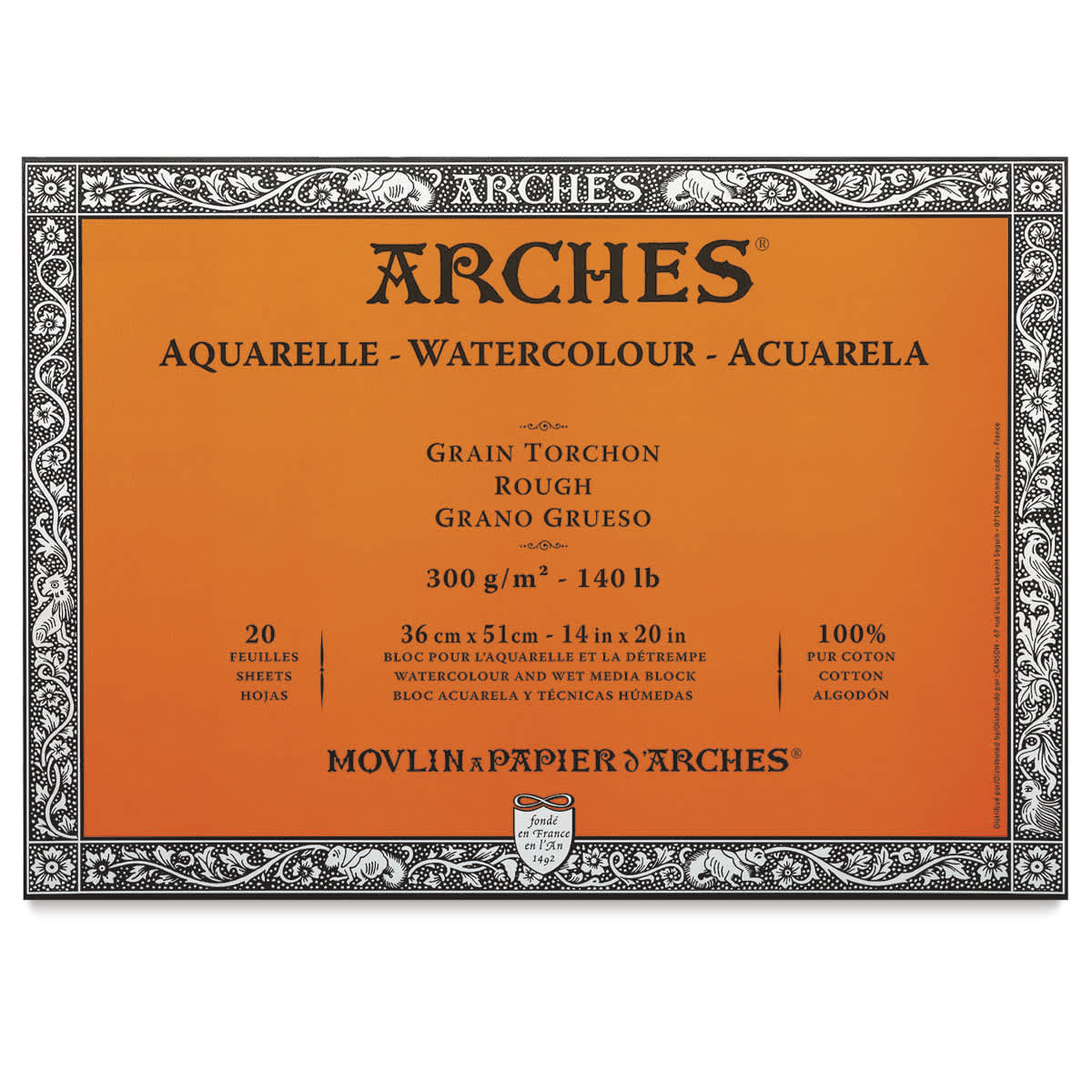 Arches Watercolor Block - 14" x 20", 140 lb (300 gsm), Rough, 20 Sheets. Orange cover. Arches Watercolor Block - 14" x 20", 140 lb (300 gsm), Rough, 20 Sheets. Orange cover.